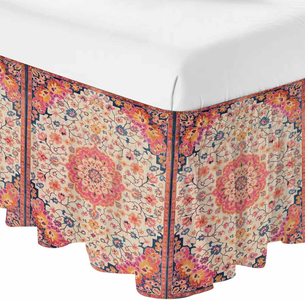 Boho Ethnic Bed Skirt Full/Queen Size Bed Skirting 18 Inch Drop Adjustable Elastic Dust Ruffles Wrap Around Bedskirt Pleated Southwest Aztec Tribal Geometric Aesthetic Bedding Frame Cover for Dorm