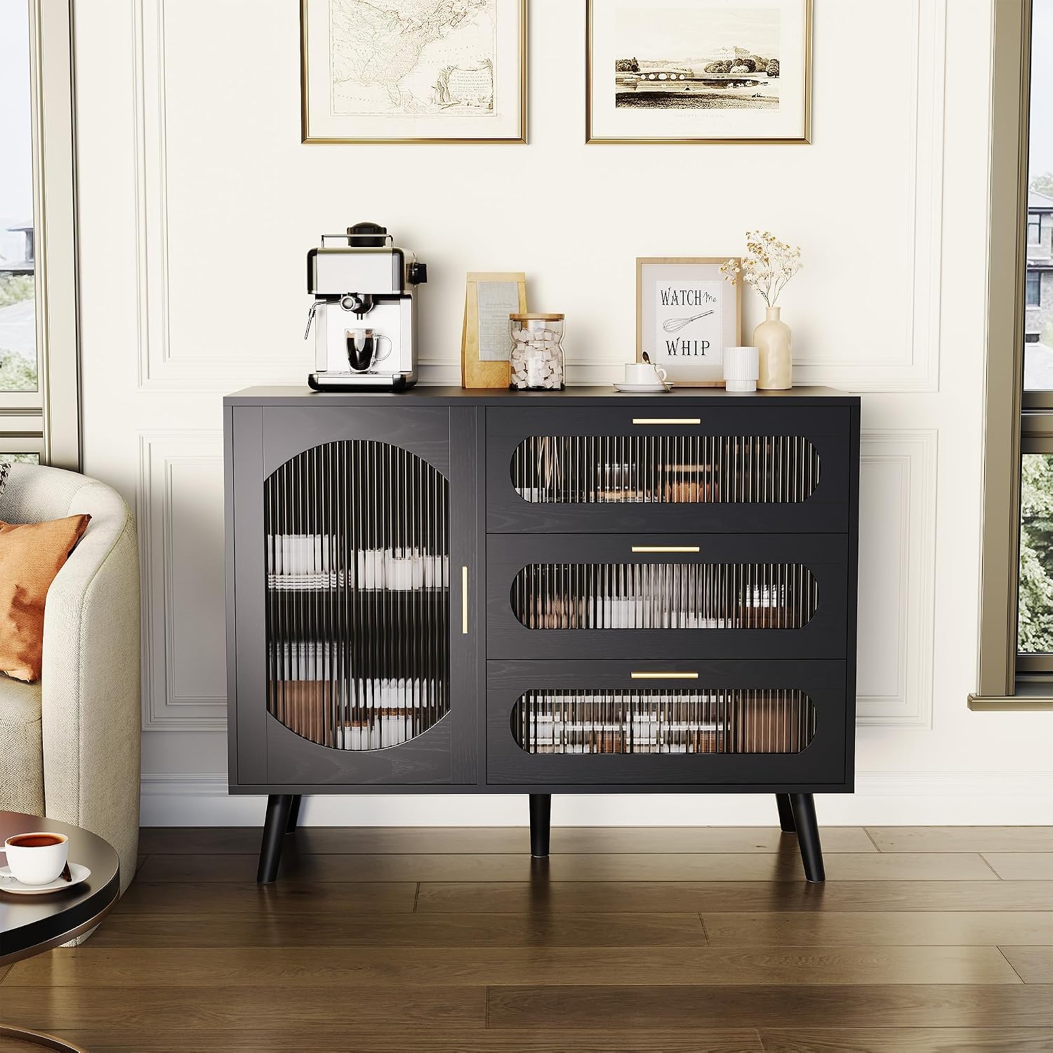 GarveeHome 39.4'' Modern Buffet Cabinet with Storage, Black Sideboard with Fluted Glass Door, 3 Drawers and Adjustable Shelf, Console Table for Kitchen, Dining Room, Living Room