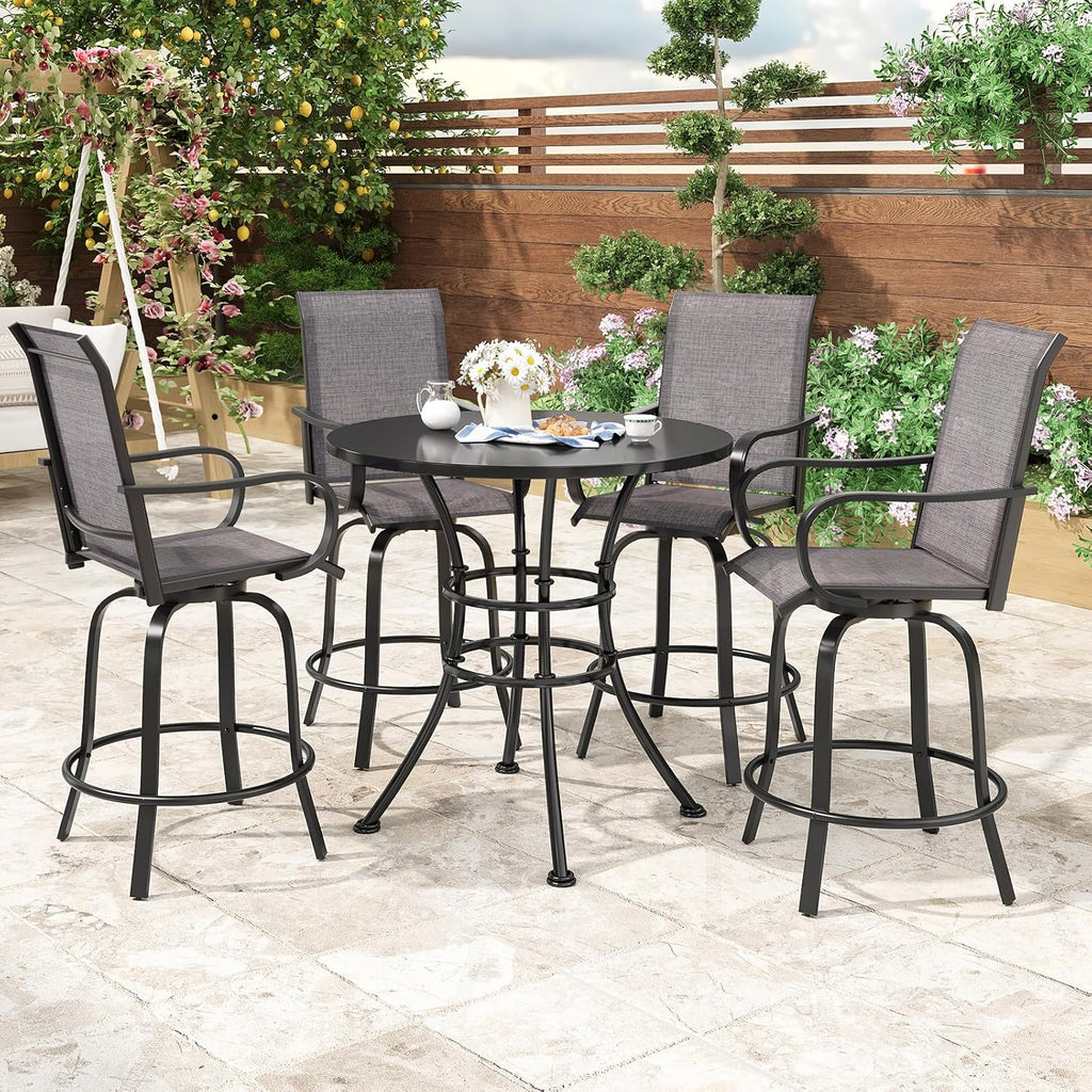 Patio Swivel Bar Stools Set of 4，All-Weather Outdoor High Bistro Stools with Textilene Fabric for Outside, Beach, Lawn, Poolside and Garden (Grey/Brown)