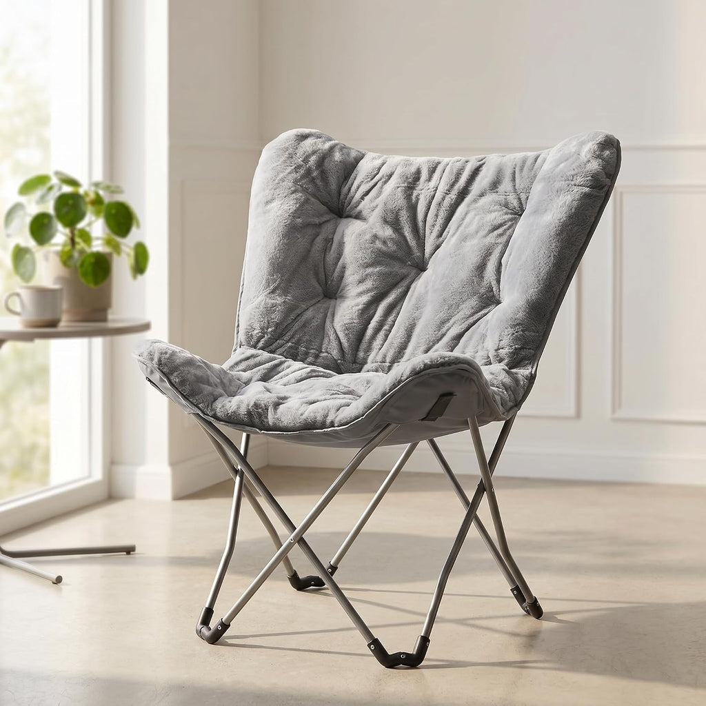 Folding Butterfly Chair, Plush Faux Fur Accent Chair with Durable Steel Frame, Portable Lazy Lounge Chair for Bedroom, Dorm, Apartment, Living Room, Reading and Gaming (Gray)
