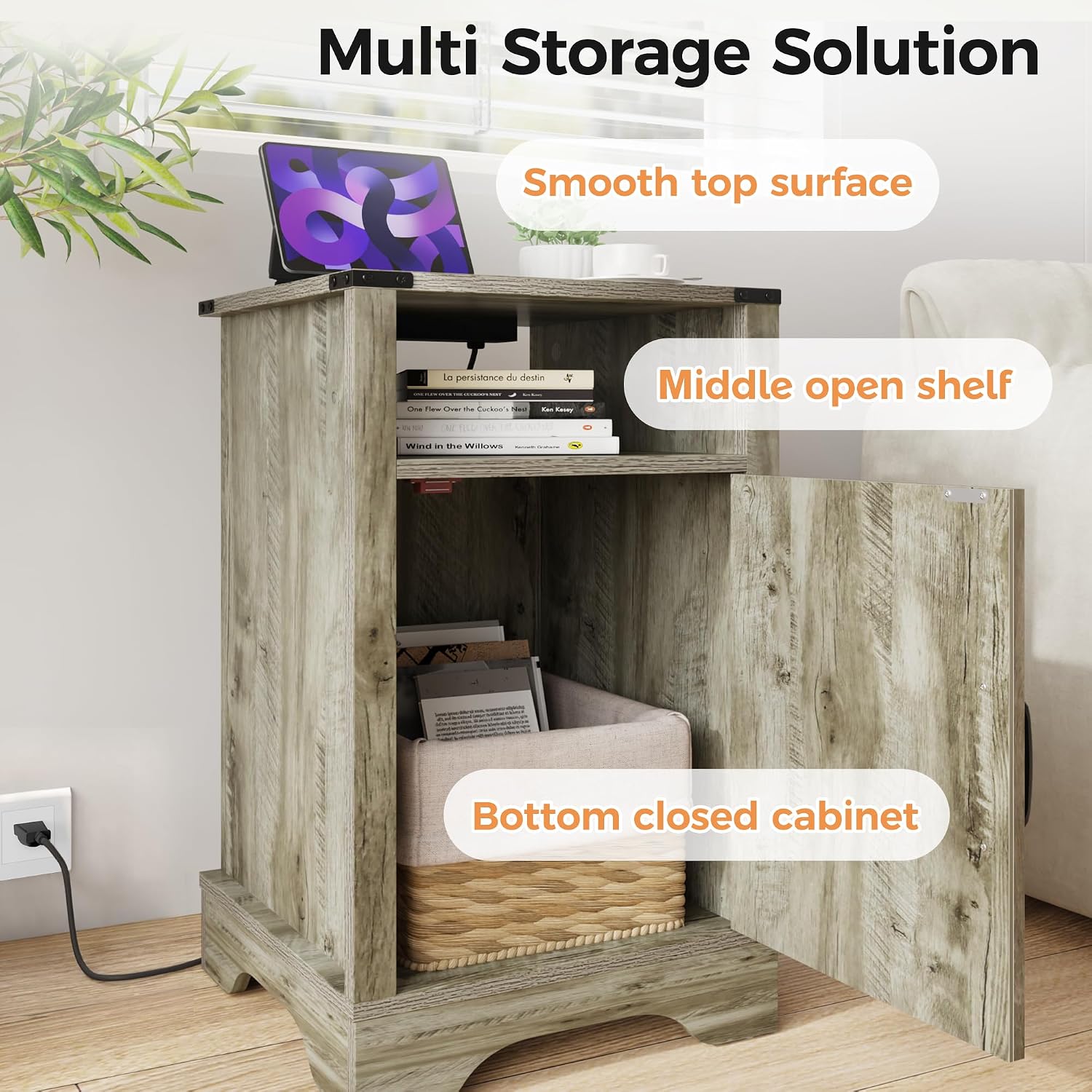 RoyalCraft Farmhouse Nightstand Set of 2 with Charging Station, Wooden End Table, Rustic Night Stand with Storage Cabinet and Shelf, Tall Bedside Table for Bedroom, Living Room, Light Grey