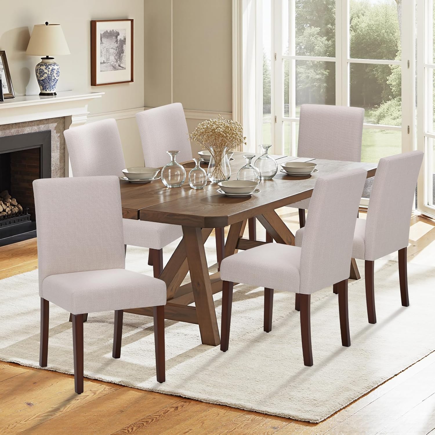 Upholstered Dining Chairs Set of 6 - Line Fabric Modern Farmhouse Kitchen Chairs,Mid-Back Dining Room Chairs with Wooden Legs