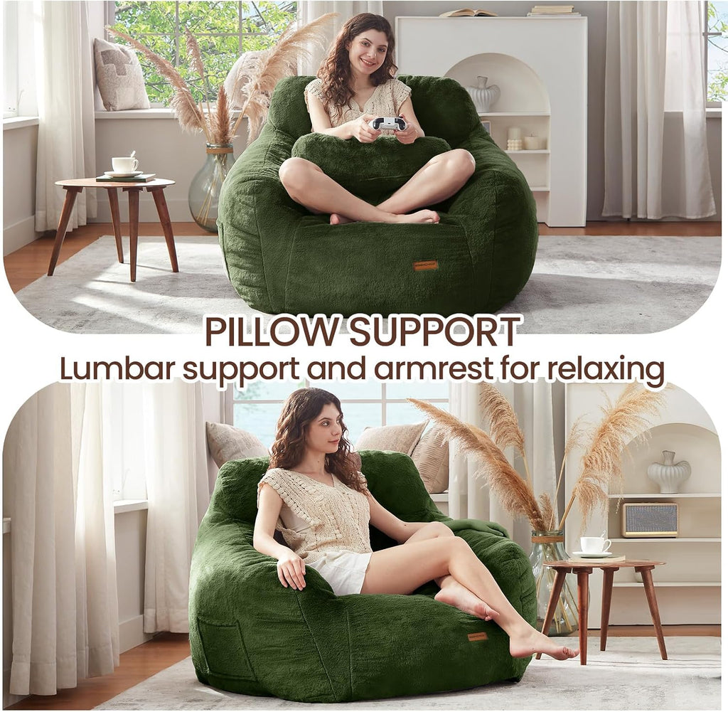 EBENCHICO Giant Bean Bag Chair with Lumbar Pillow & Armrests, Oversized Green Faux Fur Bean Bag Couch with Filler for Adults, Floor Reading Chair for Living Room Bedroom