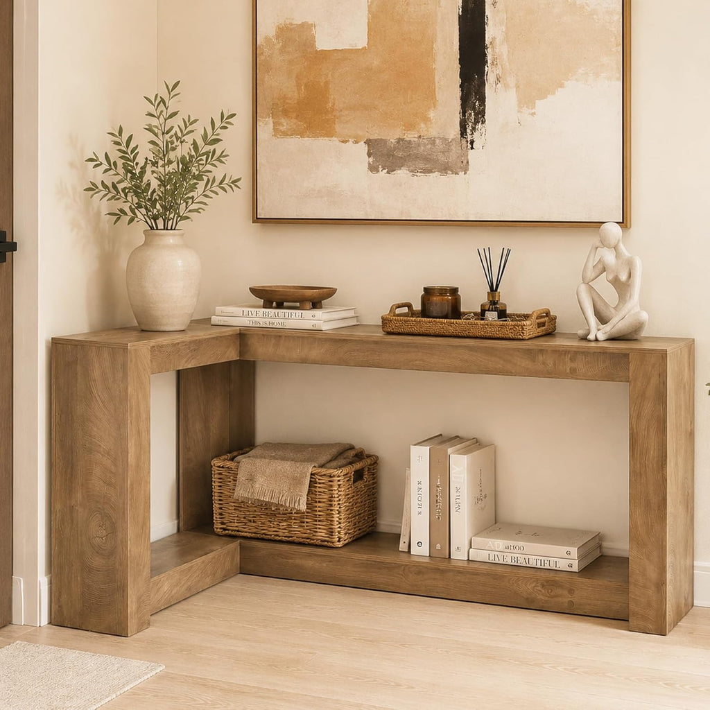 Tribesigns L-Shaped Console Table, 63" Sofa Table Behind Couch with 2-Tier Storage Shelves, Narrow Entryway Table, Couch Table for Living Room, Hallway, Foyer, Bedroom, Brown