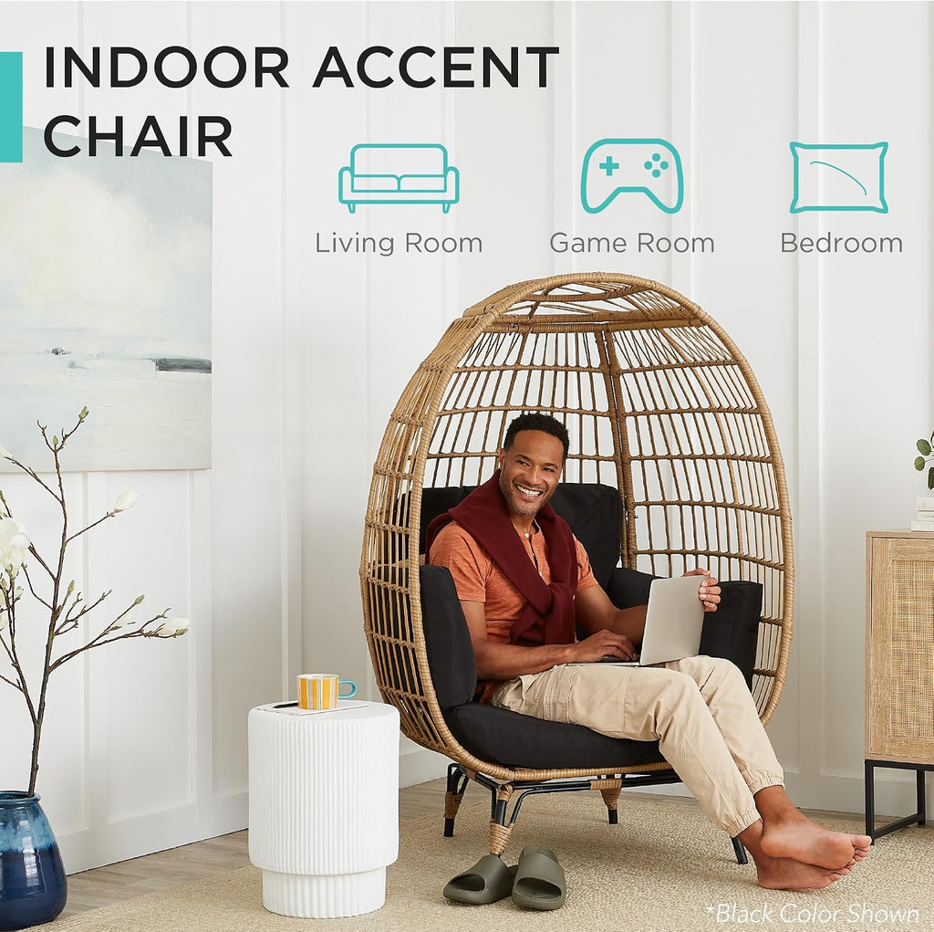 Best Choice Products Wicker Egg Chair, Oversized Indoor Outdoor Lounger for Patio, Backyard, Living Room w/ 4 Cushions, Steel Frame, 440lb Capacity - Black/Black
