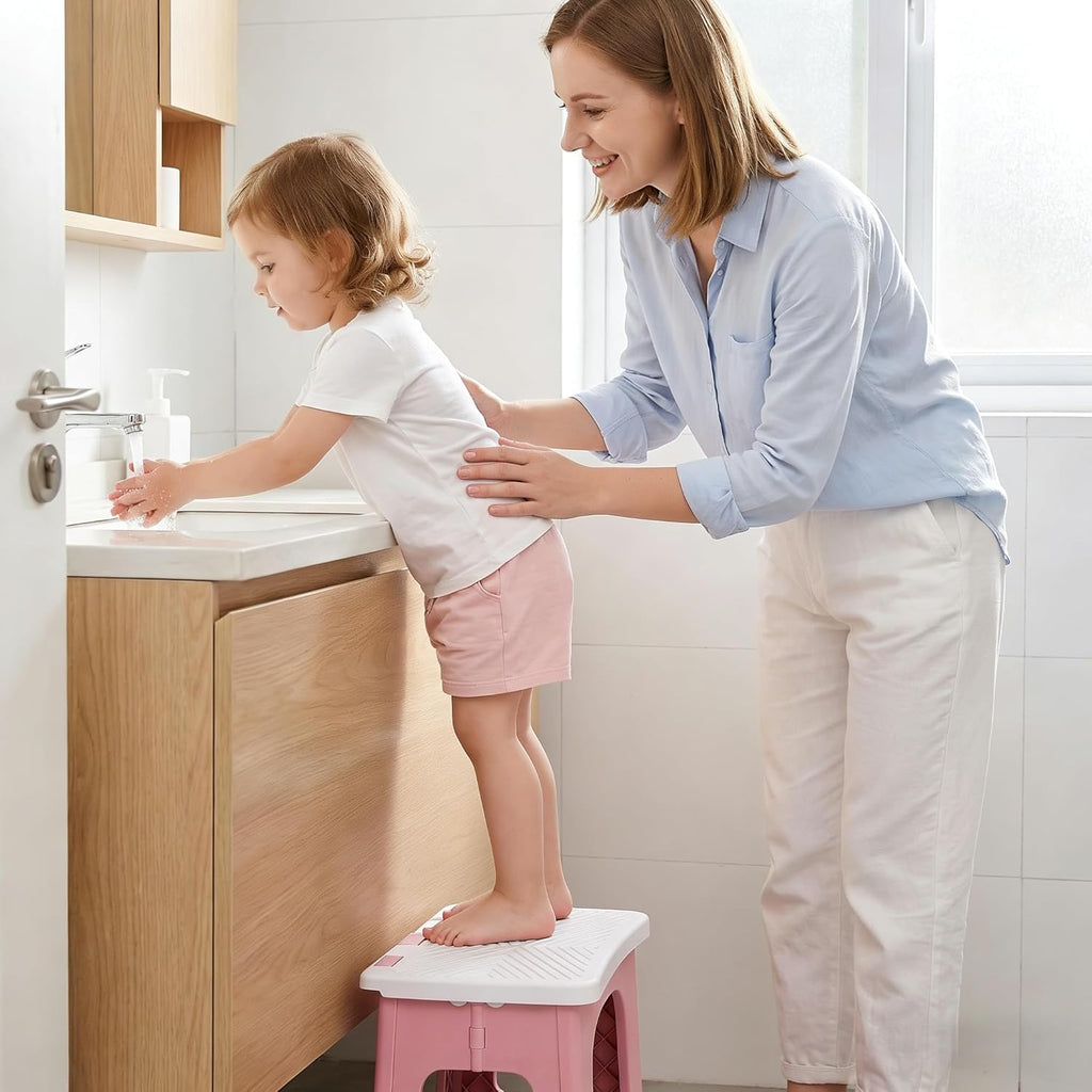 2 Step Stool Foldable, Non-Slip Steps, Folding Step Stool for Adults & Kids, Plastic Stool Pool Ladder, Collapsible Stools 2 Step Ladder for Kitchen Toilet Bedroom Office RV, Holds 330 lbs, Pink
