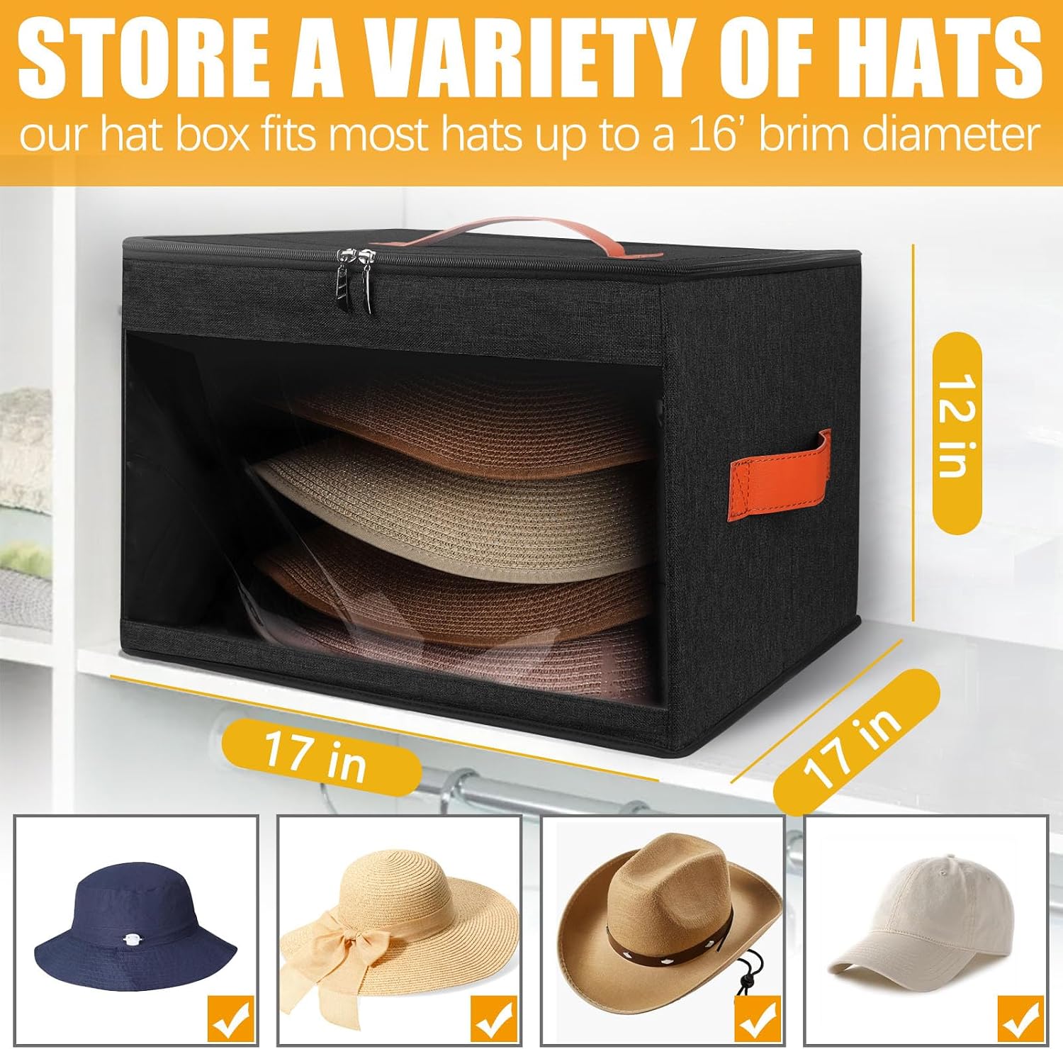 kushon Upgraded Hat Storage Box for Women & Men,Closet Hat Boxes Organizer Bag with Dustproof Lids,Cowboy Hat Box,Hat Carrier Case For Travel
