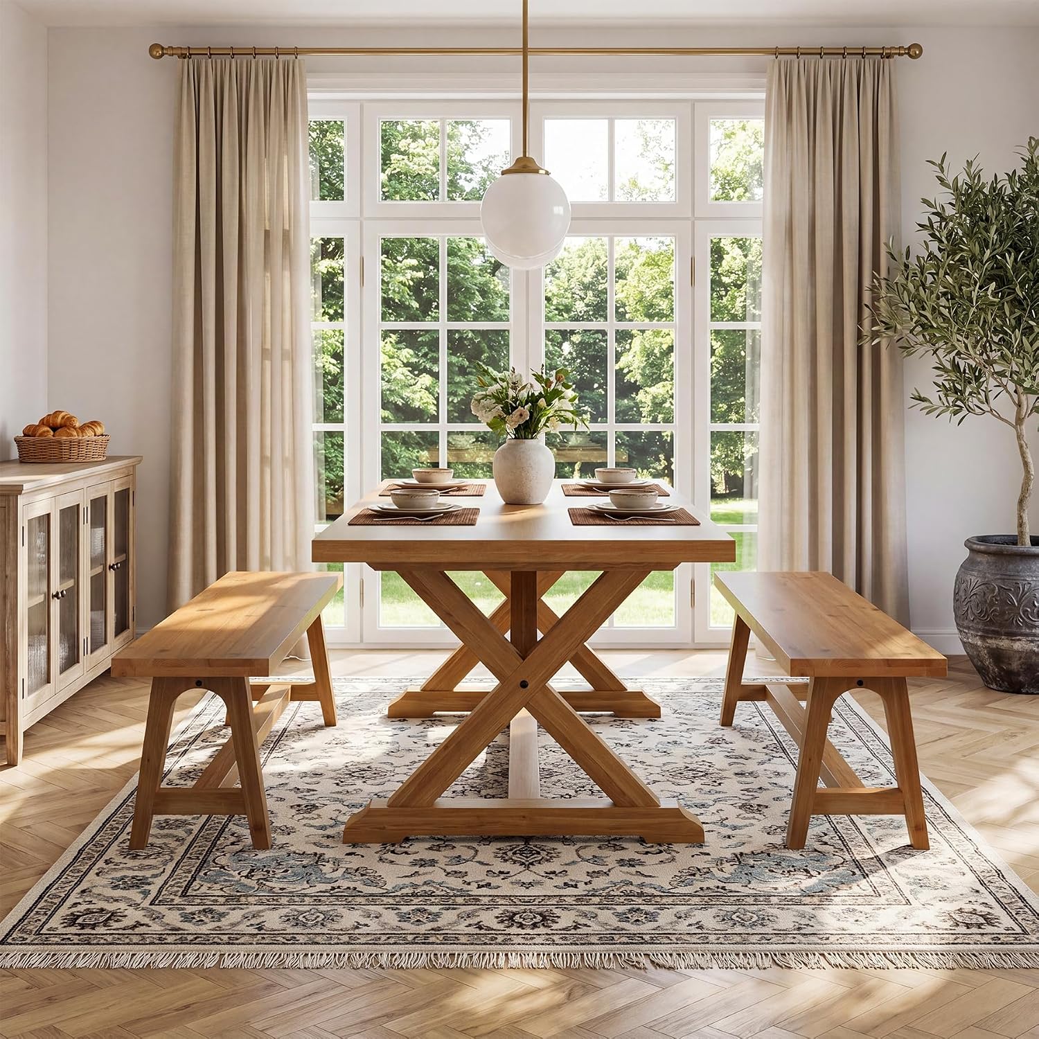Solid Wood Dining Bench, 63 Inch Long Farmhouse Kitchen Bench for Dining Room, Kitchen, Easy to Assemble, Brown