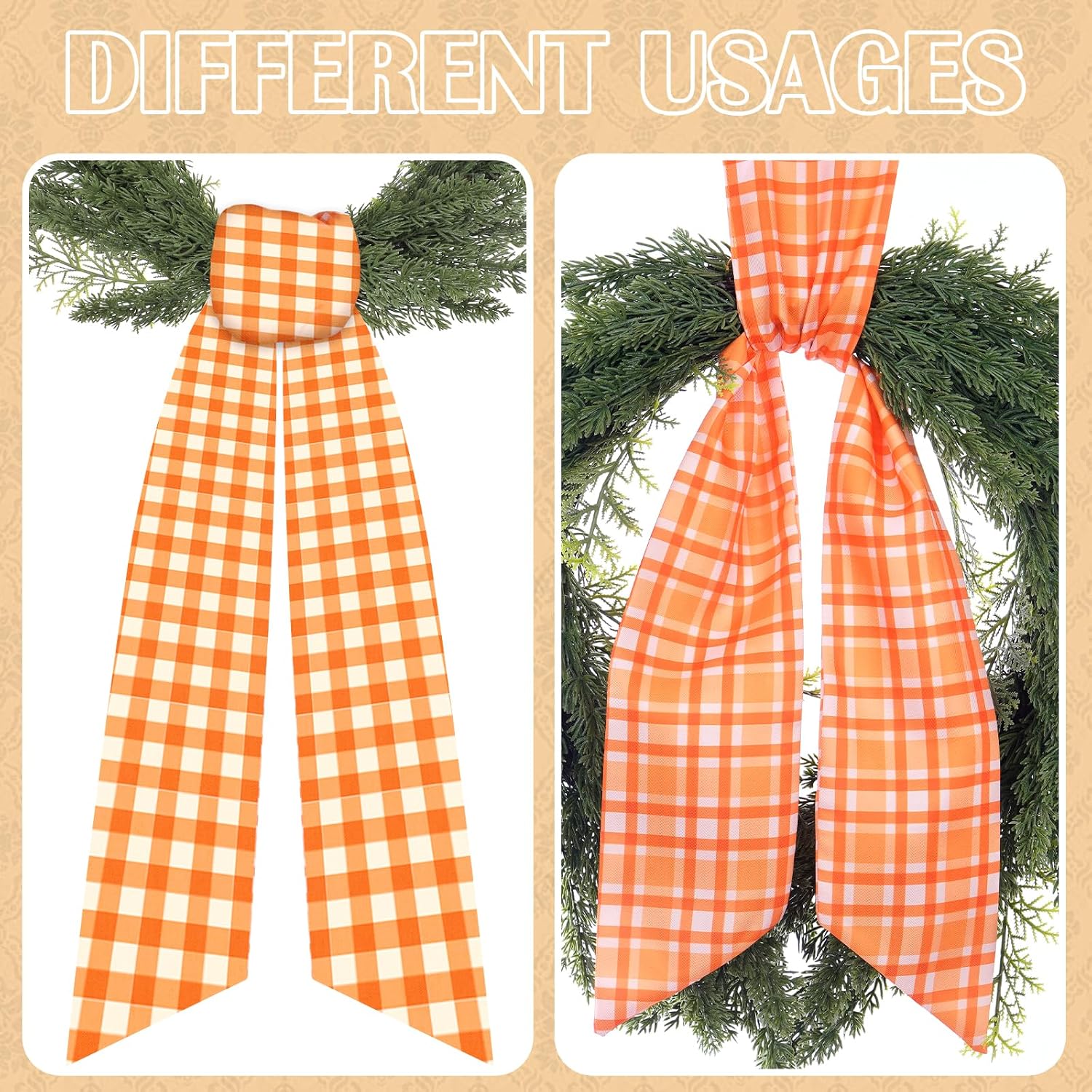Orange Fall Wreath Sash for Front Door Farmhouse Thanksgiving | 2 Pcs, Plaid, 60 Inch, DIY Embroidery, Autumn