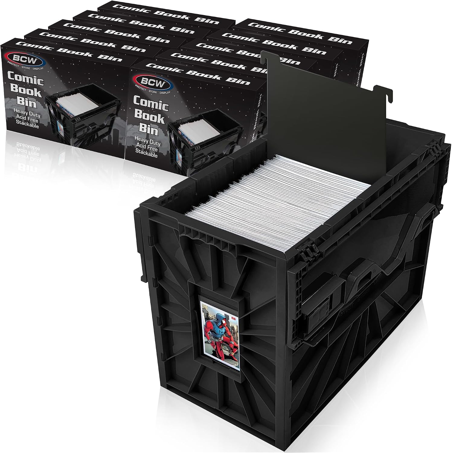 BCW Short Comic Book Bin | Holds 150 Comics | Stackable Plastic Storage | Acid-Free Organizer | Black, 10 Pack