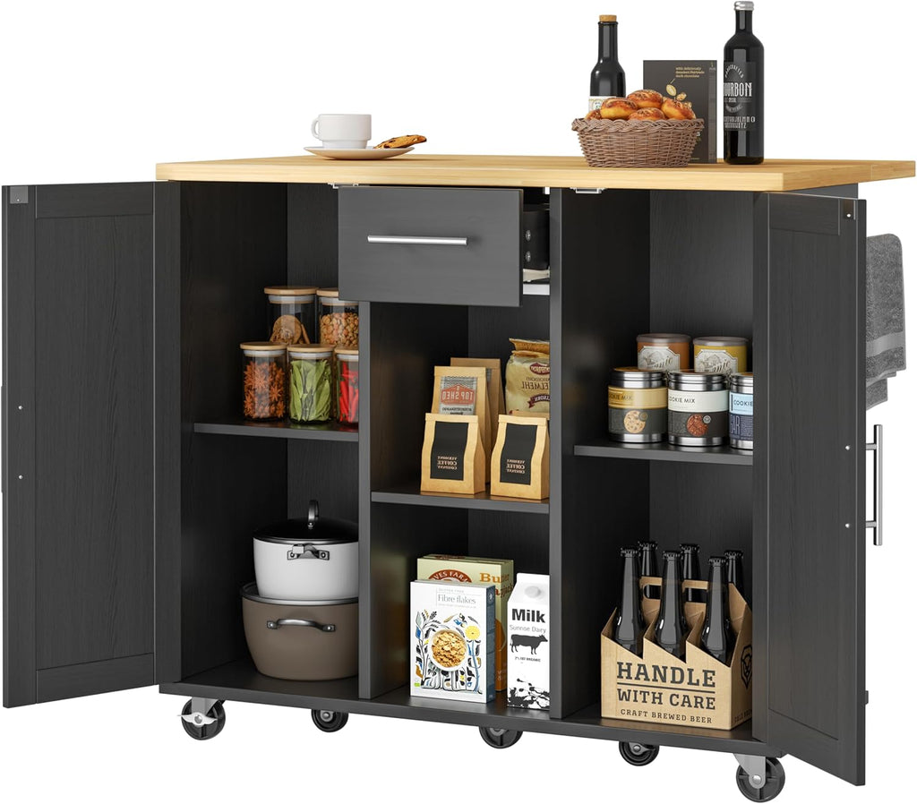 JY QAQA 42" Kitchen Island with Storage on Wheels, Rolling Table with Drop Leaf, Drawers, Cart Handle for Towel Rack or Free Movement, Black