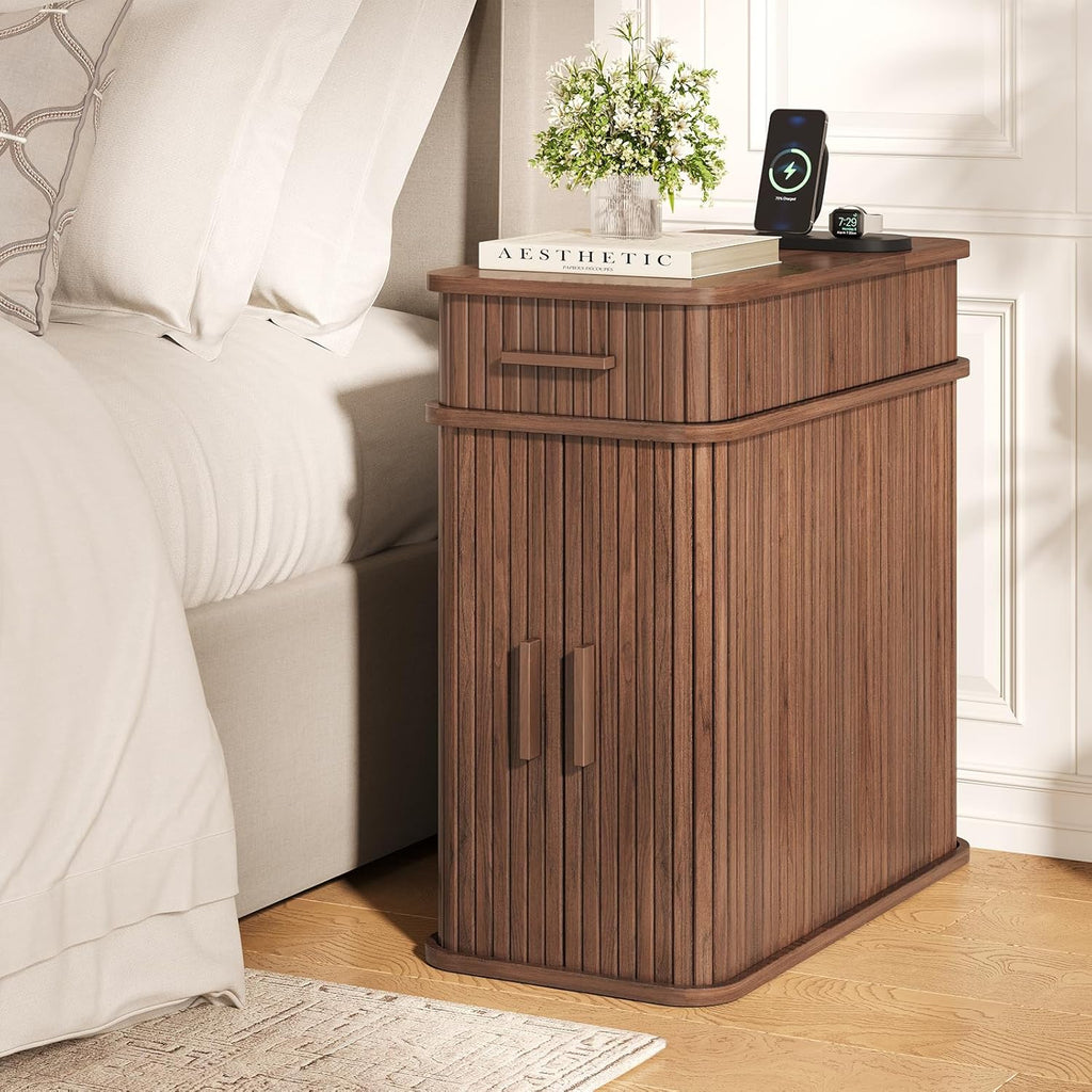 Fluted Narrow Side Table with Drawers, Mid Century Modern End Table with Charging Station, Small Couch Table for Living Room, Skinny Bedside Table Nightstand for Small Space Bedroom Walnut