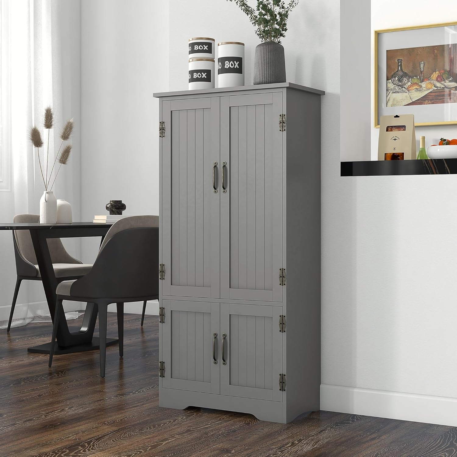 48.5" Kitchen Pantry Cabinet, Compact Farmhouse Storage Cabinet Organizer with 2 Adjustable Shelves and 4 Beadboard Doors for Dining Room, Gray,11.8 * 23.5 * 48.5