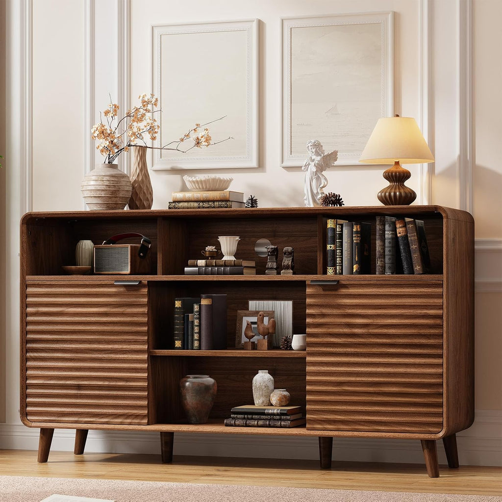 58 Inch Buffet Cabinet with Storage, Curved Buffet Sideboard w/2 Wave Doors, Open Storage Shelf, Adjustable Shelves, Wooden Coffee Bar Cabinet for Kitchen, Living Room, Walnut