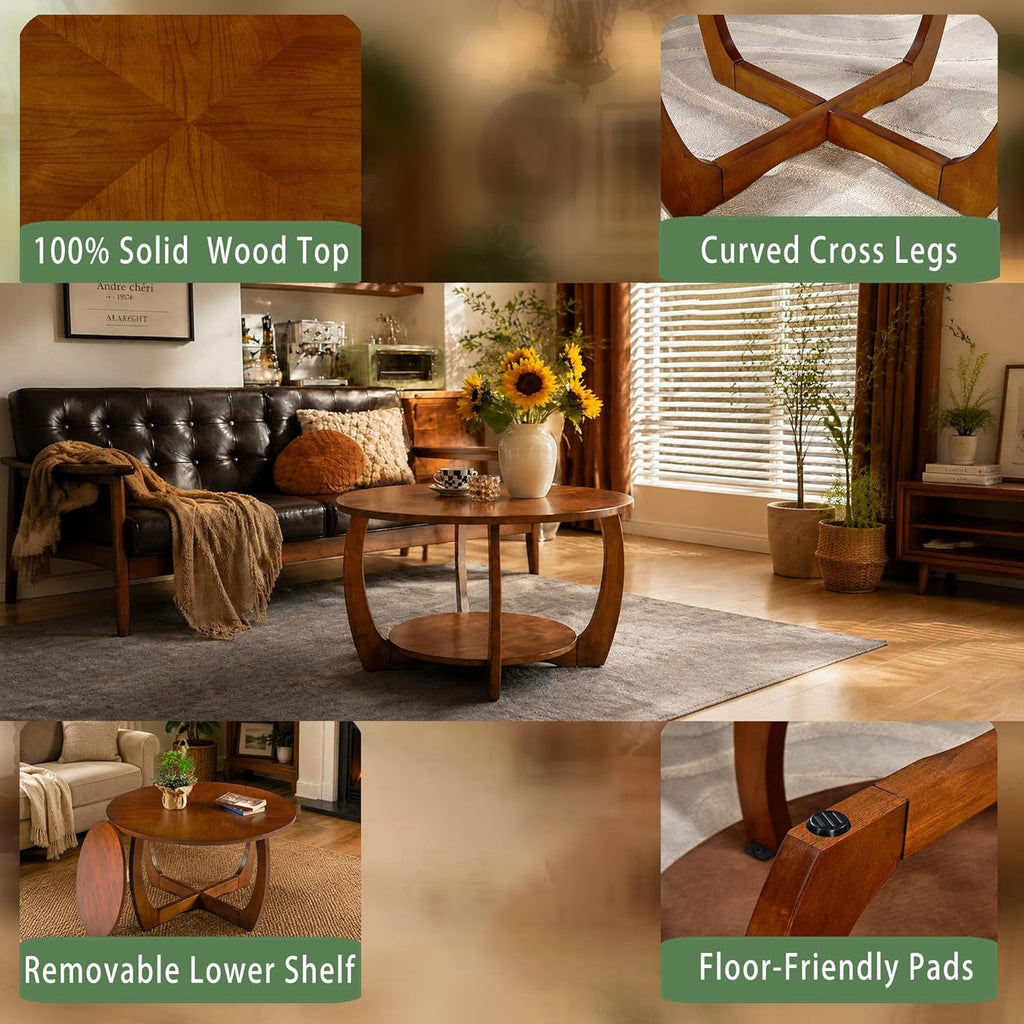 29.5" Round Coffee Table, 2-Tier Circle Coffee Table with Storage Removable Lower Shelf, Solid Wood Accent Center Table for Living Room, Curved Cross Legs & Walnut Finished, Easy Assembly, Dark Brown