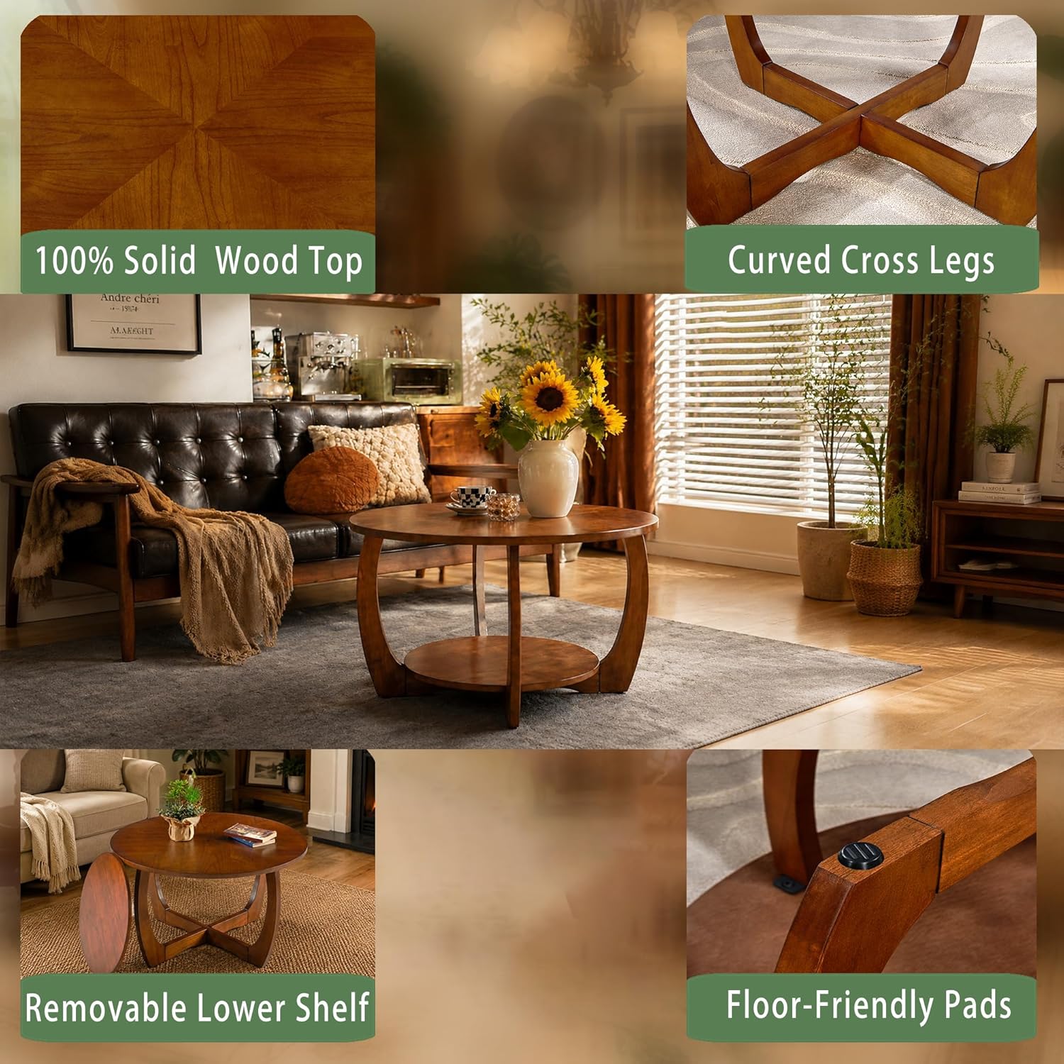 29.5" Round Coffee Table, 2-Tier Circle Coffee Table with Storage Removable Lower Shelf, Solid Wood Accent Center Table for Living Room, Curved Cross Legs & Walnut Finished, Easy Assembly, Dark Brown