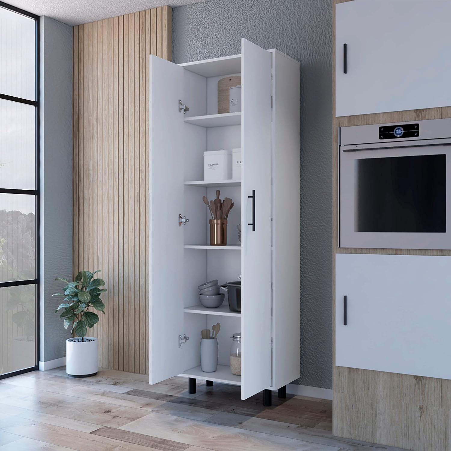 Spacious White Tall Pantry Cabinet with 5 Shelves - Kitchen Cupboard Organizer Storage