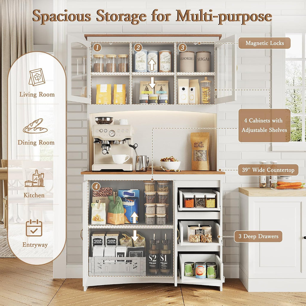 Garvee 71" Kitchen Pantry Cabinet with LED Lights & Charging Station, Farmhouse Kitchen Hutch Storage Cabinet with Countertop, 3 Drawers, 4 Doors, Adjustable Shelves for Dining Room, White
