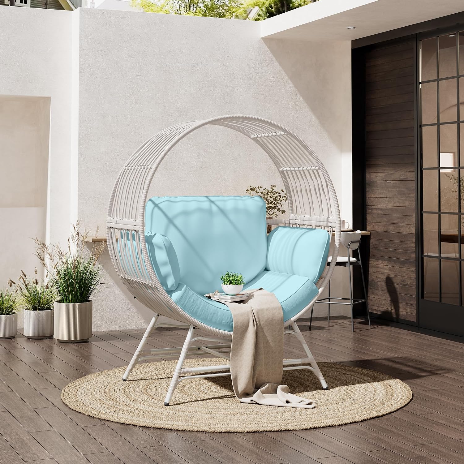 Bifanuo Oversized Egg Chair for Indoor Outdoor Use – Rattan Hanging Basket Chair with Thickened Cushion Supports 350 LBS – Wicker Patio Lounge Chair for Balcony Porch Living Room Backyard (Blue)