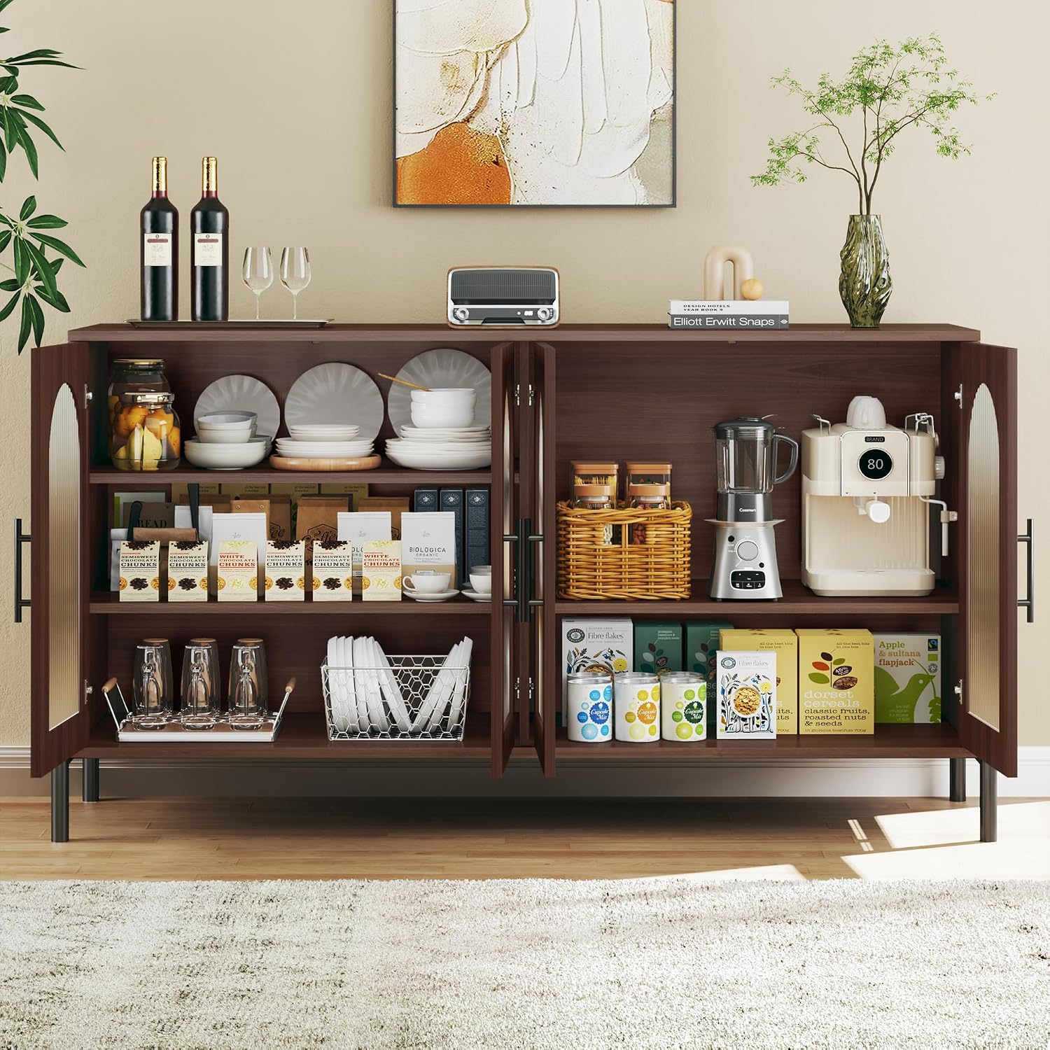 HUAHUU 55" Buffet Cabinet with Storage, Large Sideboard Cabinet with Fluted Doors & Adjustable Shelves, Modern Kitchen Storage Cabinets for Living Room, Entryway, Walnut