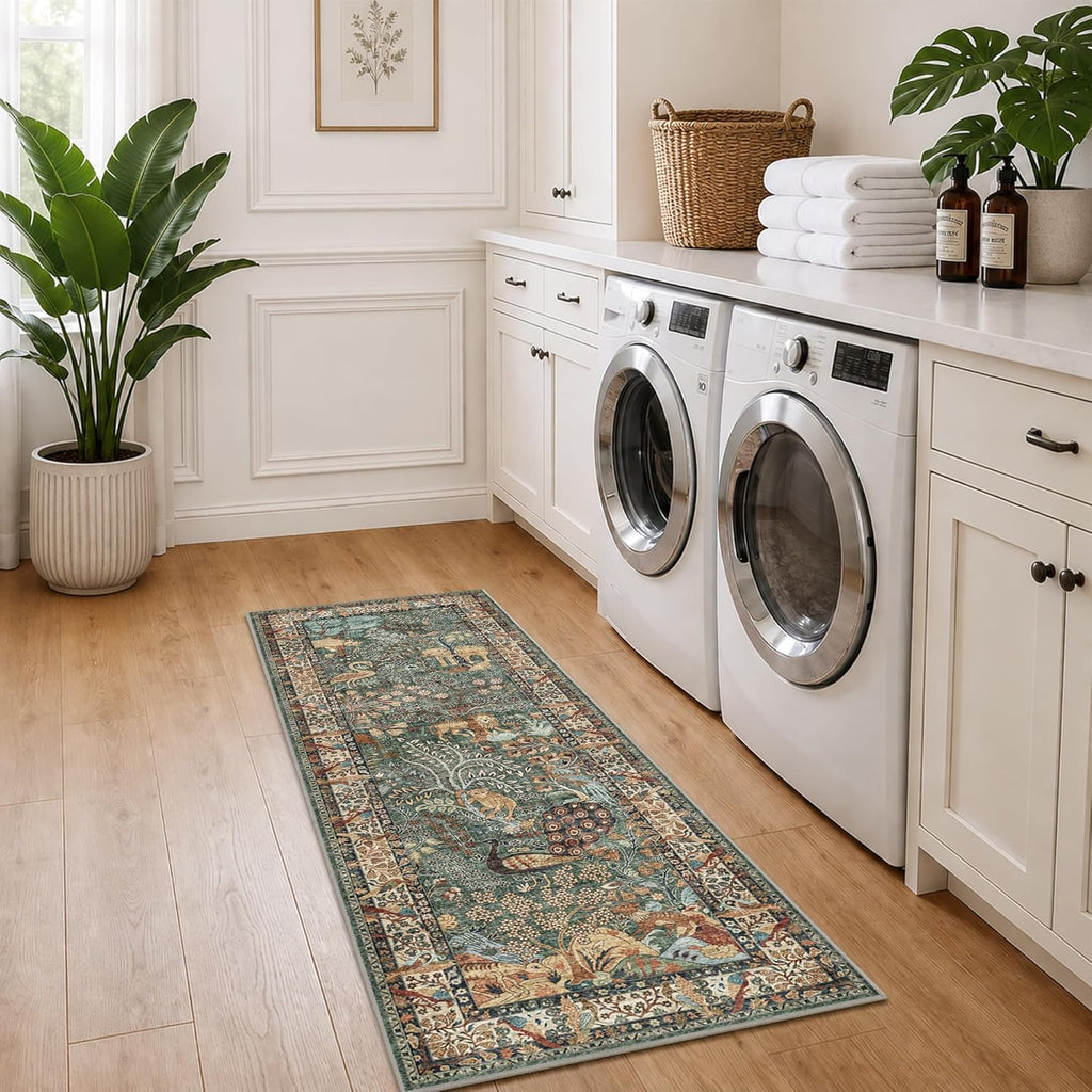 Runner Rug 2’6″x 8’ Animal Botanical Print Area Rug Vintage Kitchen Rugs Low Pile Non Slip Stain Resistant Hallway Runners Whimsical Long Carpets for Living Room Bedroom, Laundry Dorm, Green