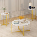AWQM Faux Marble Coffee Table Set of 3, 1 Coffee Table & 2 Sofa Table, Round Tabletop and Metal Cross Base Frame,Perfect for Living Room Apartment, White
