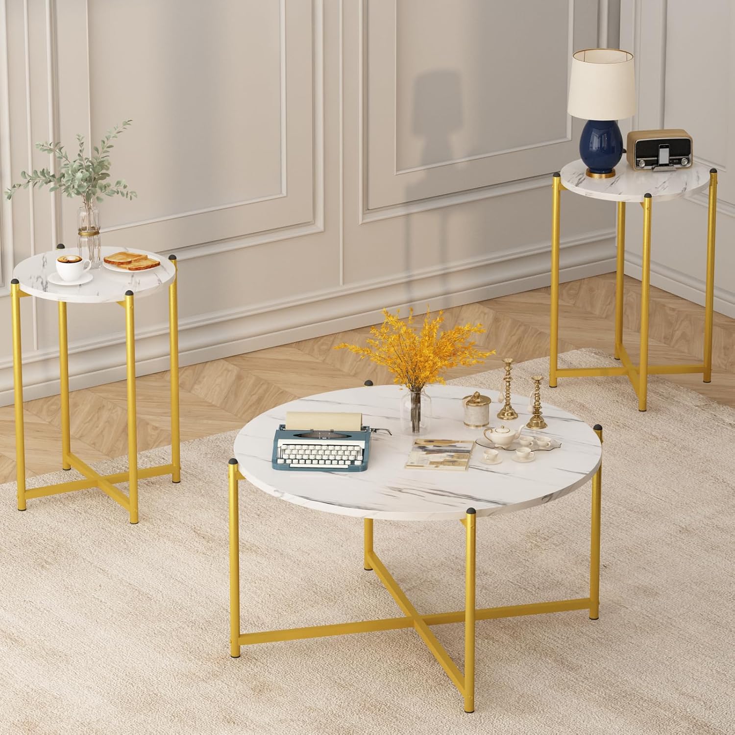 Lamerge Coffee Table Set of 3,Modern Faux Marble Top with Golden Frame,1 Coffee Table & 2 Accent Table, Living Room Table Set, for Apartment,Office and So on,White & Gold (LCTR-W)
