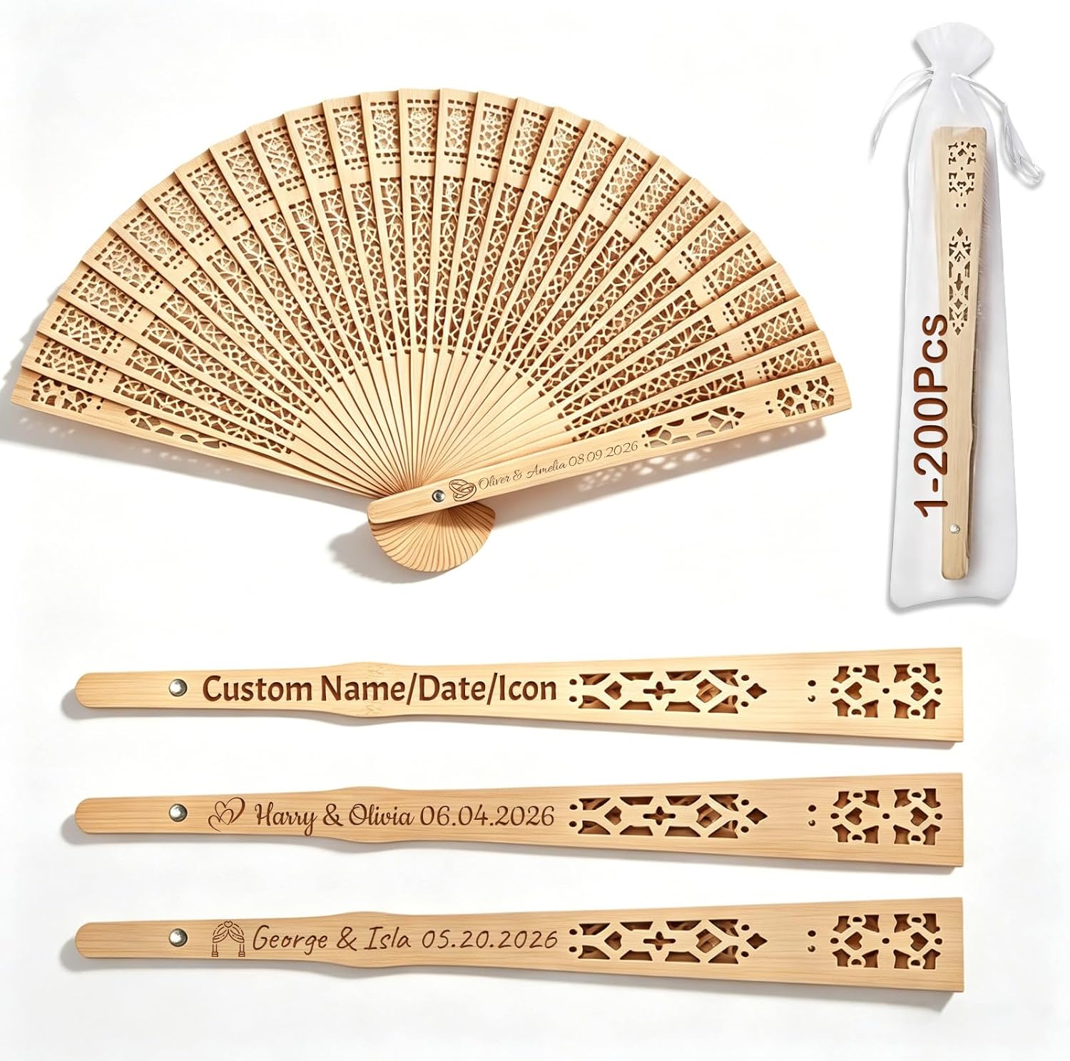ZFN 1-200 Pcs Personalized Wedding Fans Custom Folding Hand Fan Custom Fan Wooden Folding Hand Engraving Name/Date for Wedding Baby Shower Party Favors (50Pcs)