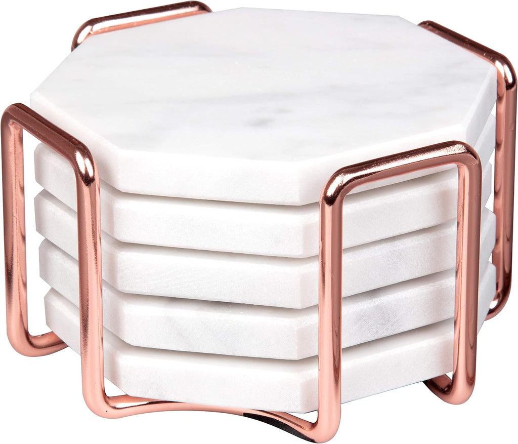 White Carrara Marble Coasters & Rose Gold Coaster Holder (Set of 5)- Durable, Thick Coasters - Protects Any Table Type & Fits Any Coffee Mug, Drinking Glass, Barware - Great Wedding