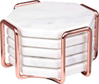 White Carrara Marble Coasters & Rose Gold Coaster Holder (Set of 5)- Durable, Thick Coasters - Protects Any Table Type & Fits Any Coffee Mug, Drinking Glass, Barware - Great Wedding