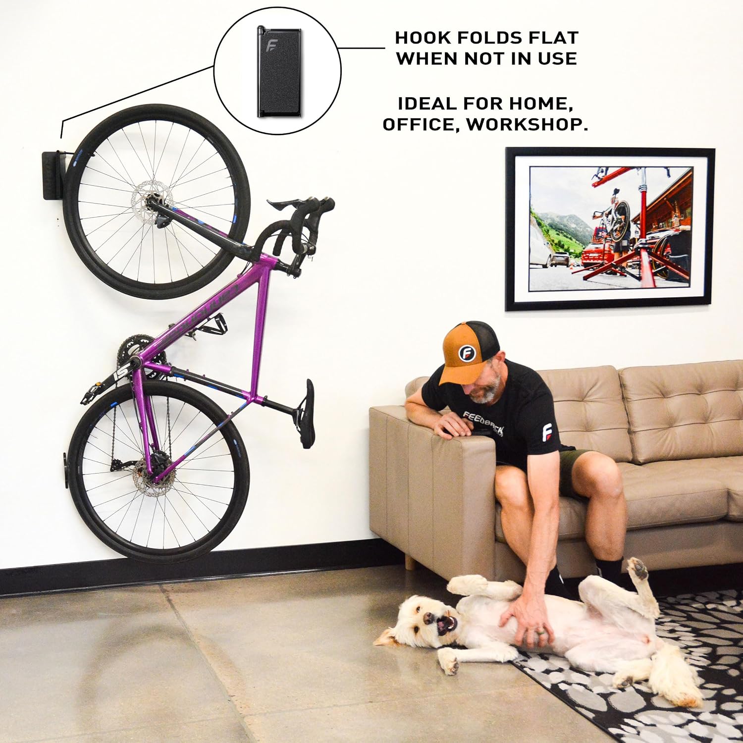FEEDBACK SPORTS | Velo Hinge 2.0 (Single) Pivoting Swivel Bike Wall Mount | Vertical Bicycle Hanger | Garage Fold Away Bike Hook | Road, Gravel, Mountain Bike Compatible
