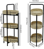 3-Tier Storage Side Table with Paper Rope Woven Baskets, Black Metal Frame, Natural Oval Trays, 11.81x8.26x28.74 Inches, Modern Farmhouse Design for Living Room, Kitchen