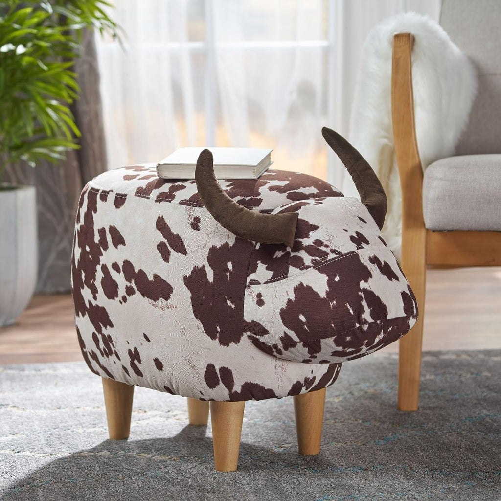 Brown and White Velvet Cow Shaped Ottoman, Cute Wood Foot Stool Shoes Changing Seat with Cushioned for Adult Living Room, Bedroom, Nursery Gameroom, Playroom, Porch Furniture