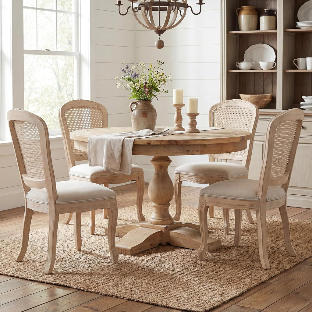 Wicker Dining Chairs Set of 6, Upholstered Linen Fabric Dining Room Chairs with Square High Rattan Back Farmhouse French Kitchen Chairs for Dining Table/Living Room/Restaurant, White