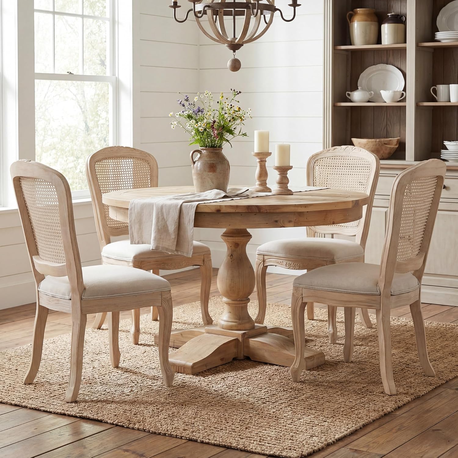 Wicker Dining Chairs Set of 6, Upholstered Linen Fabric Dining Room Chairs with Square High Rattan Back Farmhouse French Kitchen Chairs for Dining Table/Living Room/Restaurant, White