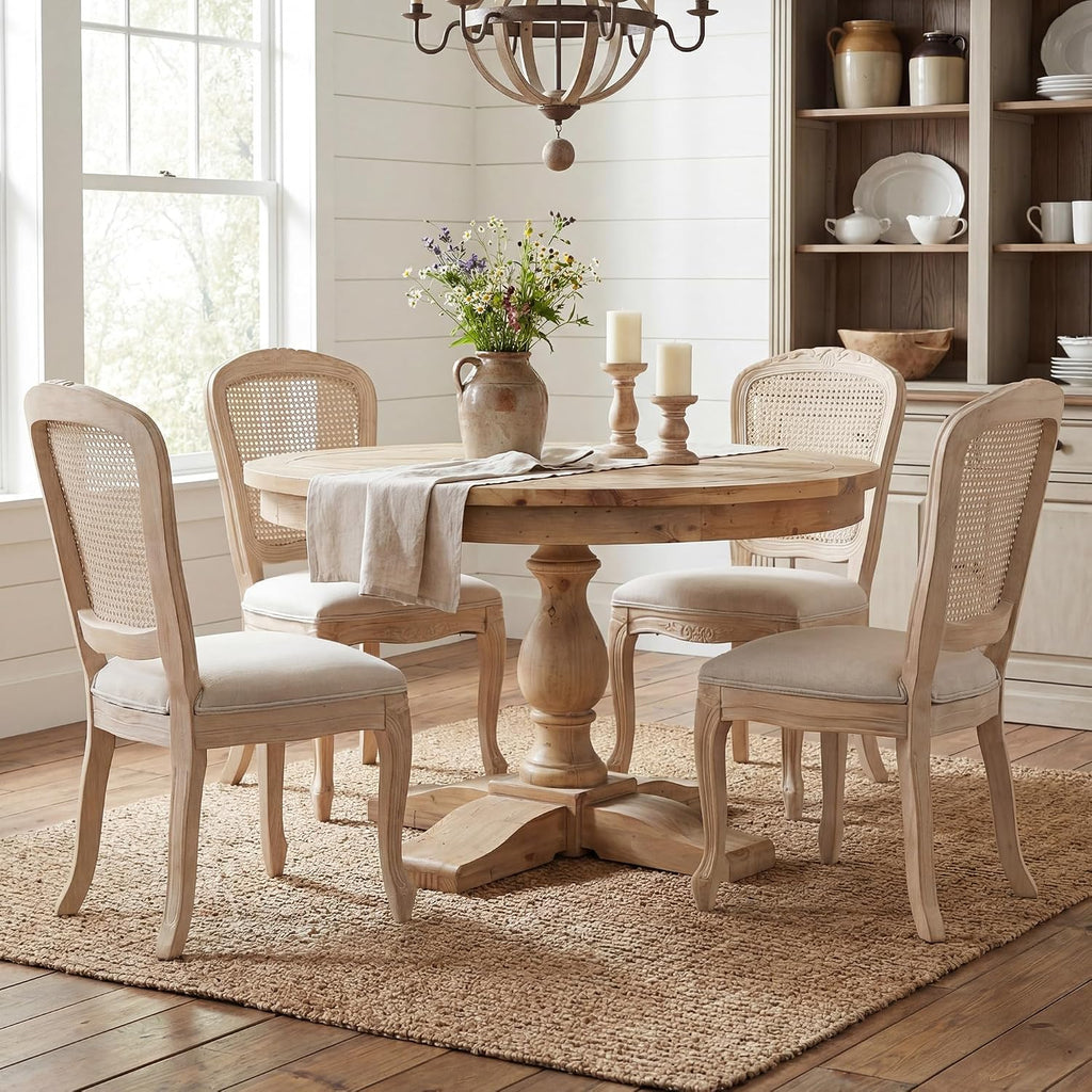 Wicker Dining Chairs Set of 4, Upholstered Linen Fabric Dining Room Chairs with Square High Rattan Back Farmhouse French Kitchen Chairs for Dining Table/Living Room/Restaurant, White
