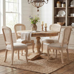 Wicker Dining Chairs Set of 4, Upholstered Linen Fabric Dining Room Chairs with Square High Rattan Back Farmhouse French Kitchen Chairs for Dining Table/Living Room/Restaurant, White