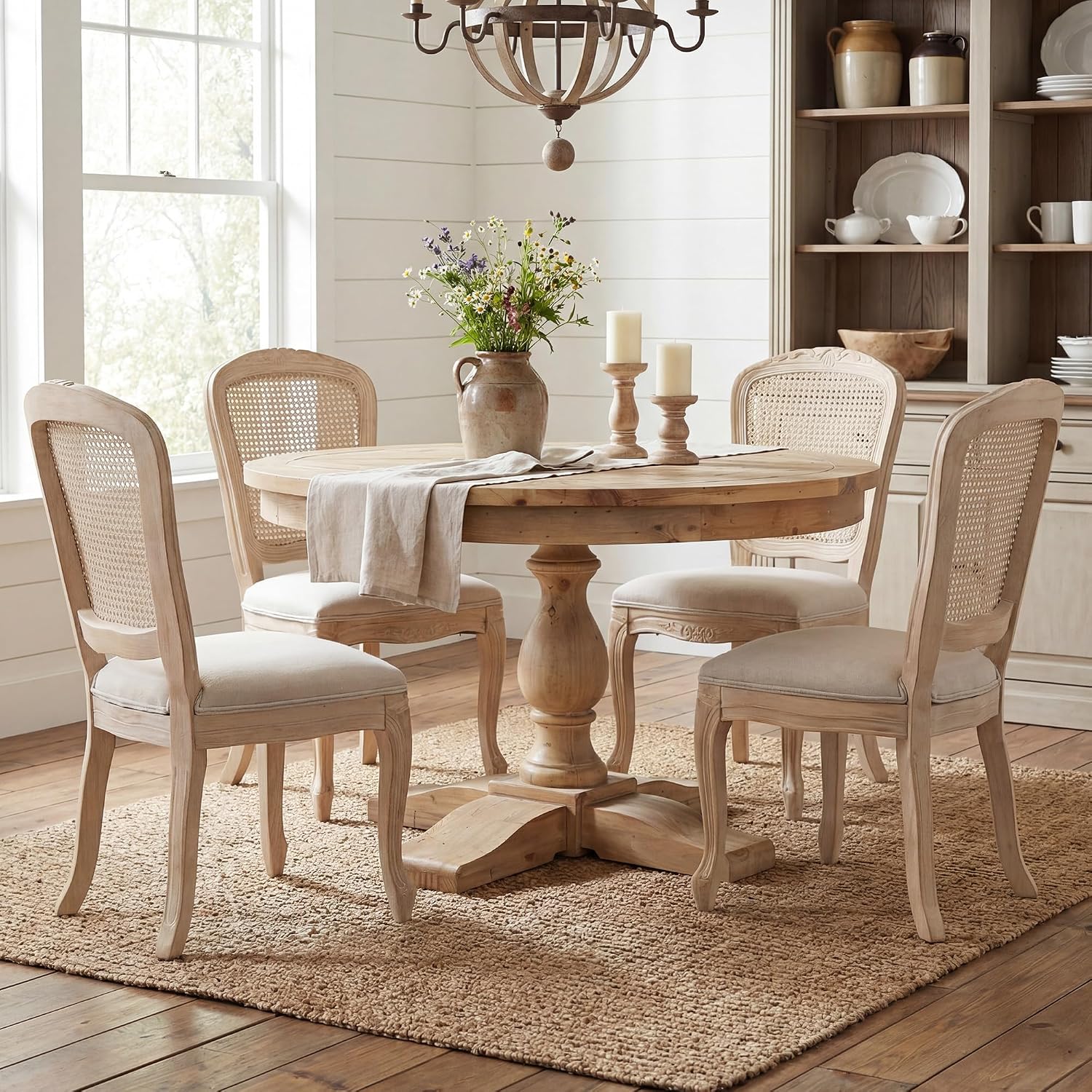 Wicker Dining Chairs Set of 4, Upholstered Linen Fabric Dining Room Chairs with Square High Rattan Back Farmhouse French Kitchen Chairs for Dining Table/Living Room/Restaurant, White