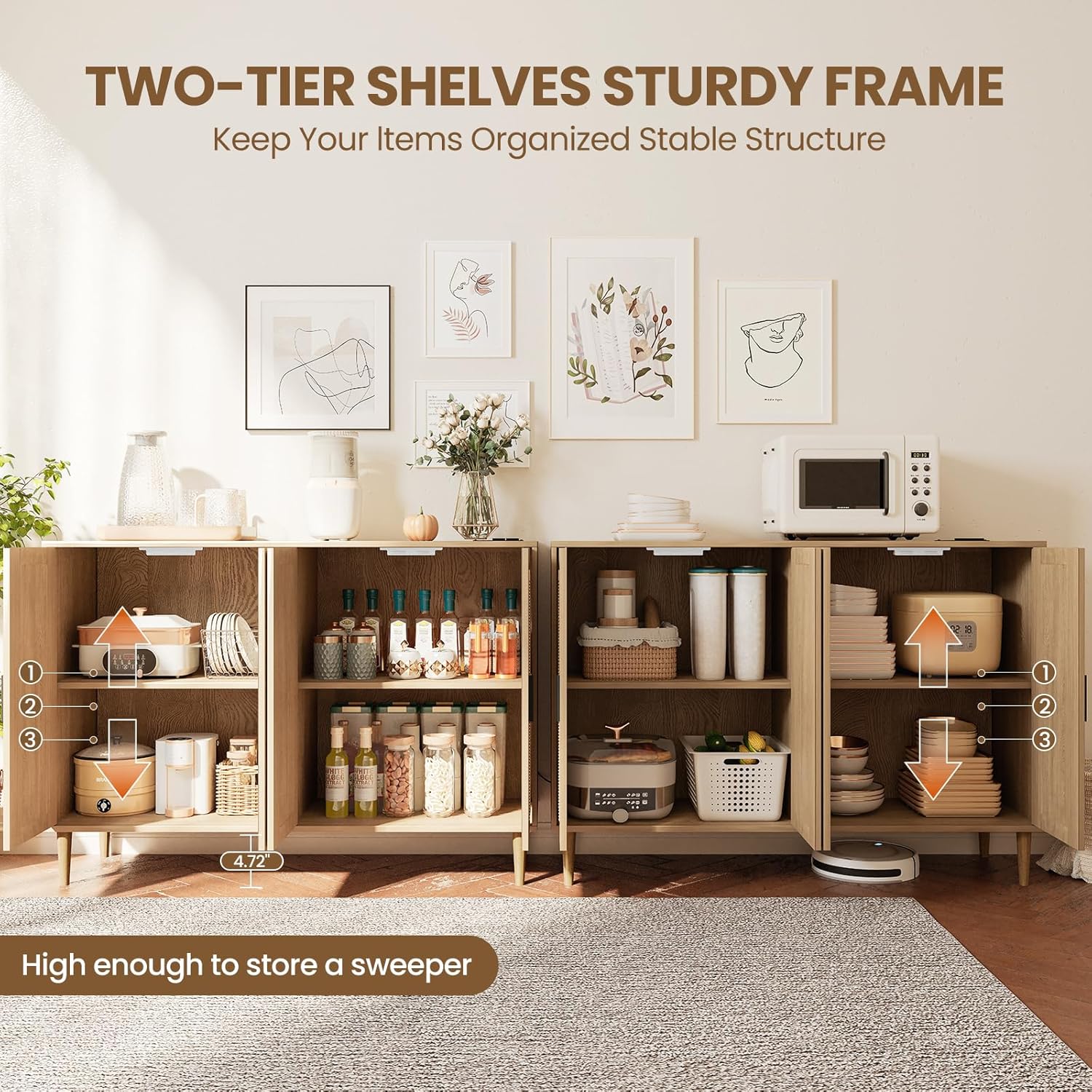 Patikuin Rattan Sideboard Buffet Cabinet, Boho Accent Storage Cabinet, 4 Doors Console Table Coffee Bar with Power Outlet, Adjustable Shelves for Kitchen, Dining Room, Hallway, Living Room