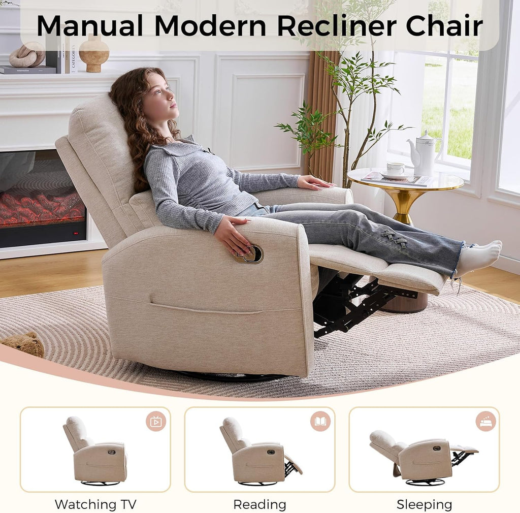 Swivel Rocker Recliner, Manual Swivel Glider Nursery Recliner Chair with Adjustable Headrest and Lumbar Support, Rocking Recling Chairs for Small Space, Living Room, Bedroom, Chenille Camel
