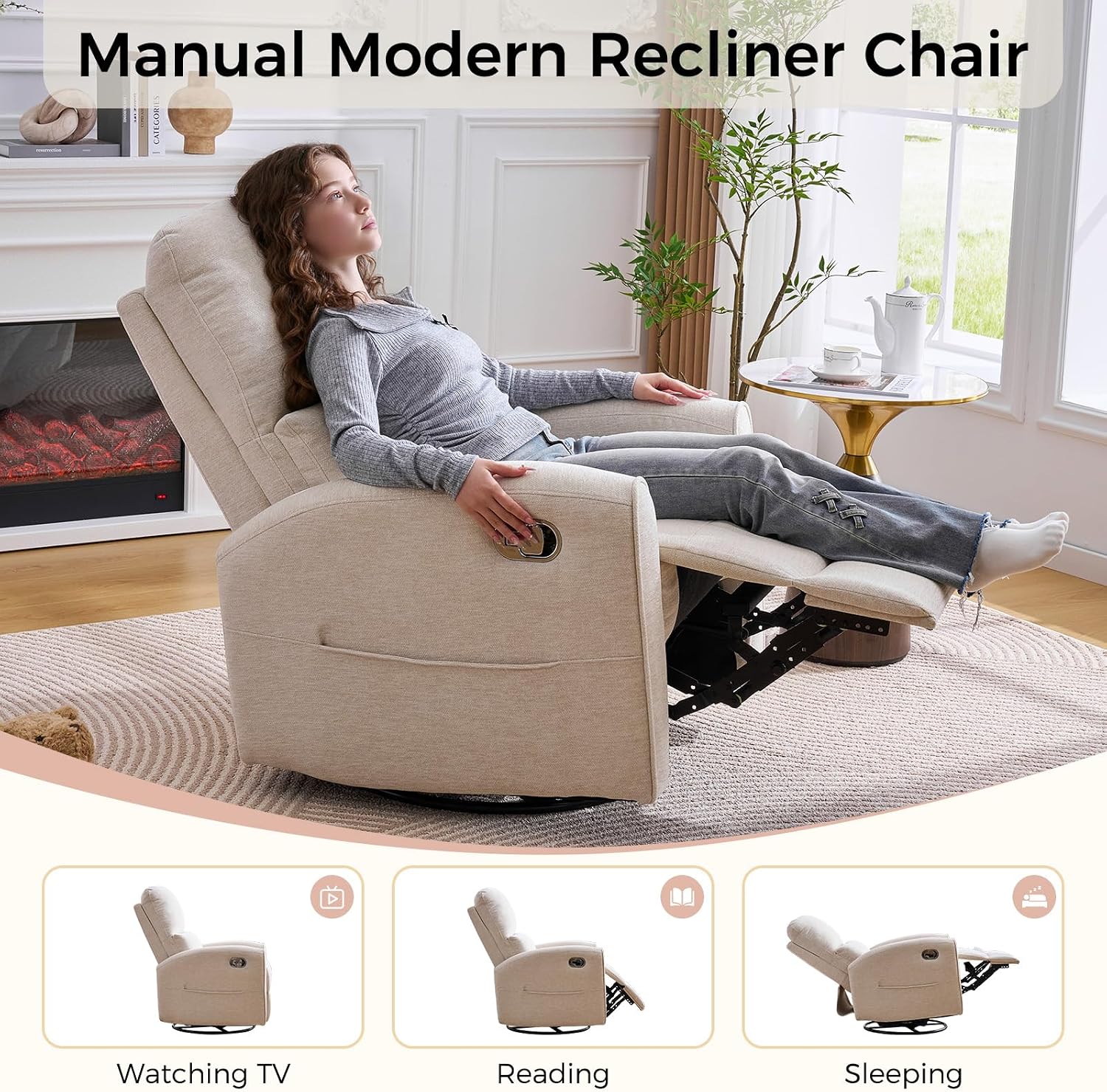 Swivel Rocker Recliner, Manual Swivel Glider Nursery Recliner Chair with Adjustable Headrest and Lumbar Support, Rocking Recling Chairs for Small Space, Living Room, Bedroom, Chenille Camel