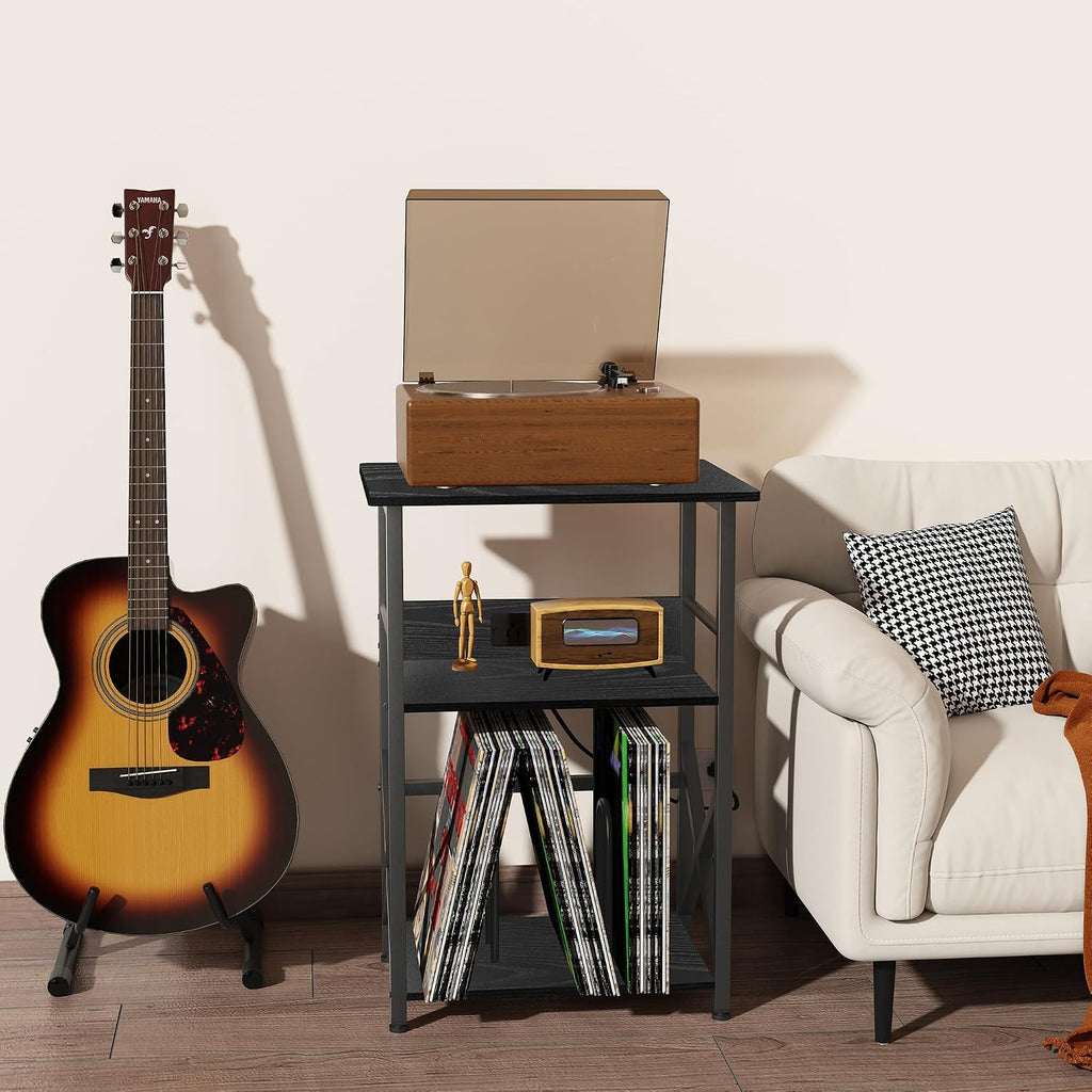 DALEMHOME Record Player Stand with Charging Station, 3-Tier Side Table for 100 Vinyl Storage, End Table for Living Room, Bedroom, Black HKET1002BK