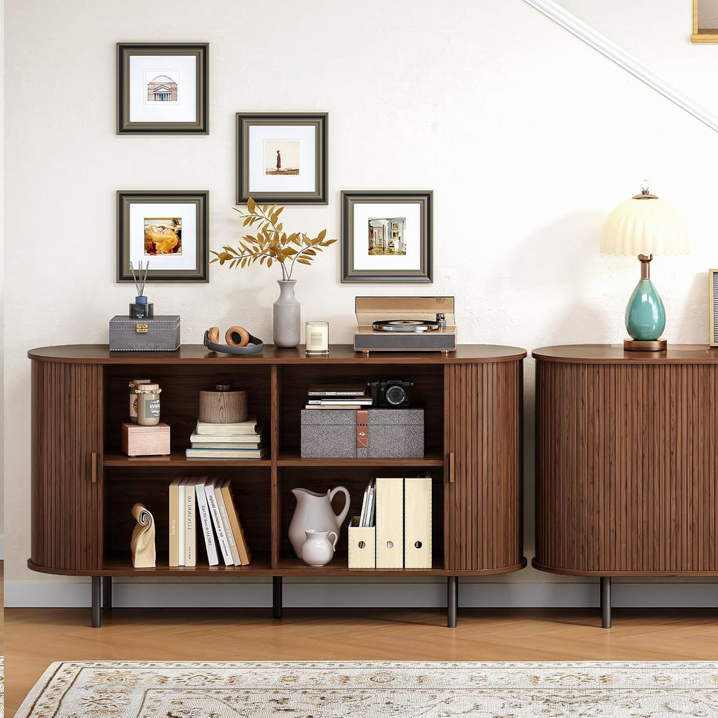 Buffet Cabinet with Storage, 55" Fluted Sideboard Buffet with Sliding Door, Coffee Bar Cabinet with Adjustable Shelf, Console Table, Accent Table for Entryway, Kitchen, Dining Room, Walnut
