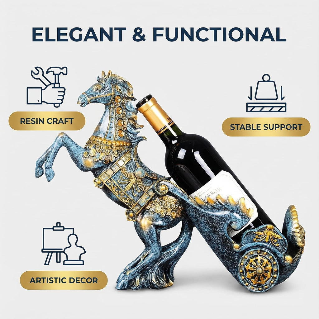 Horse Sculpture Resin Wine Bottle Holder - Tabletop Kitchen Decor, Decorative Storage Organizer for Home Bar Cellar, Unique Gift for Men Women Housewarming, Holds 1 Standard Bottle (Blue A)