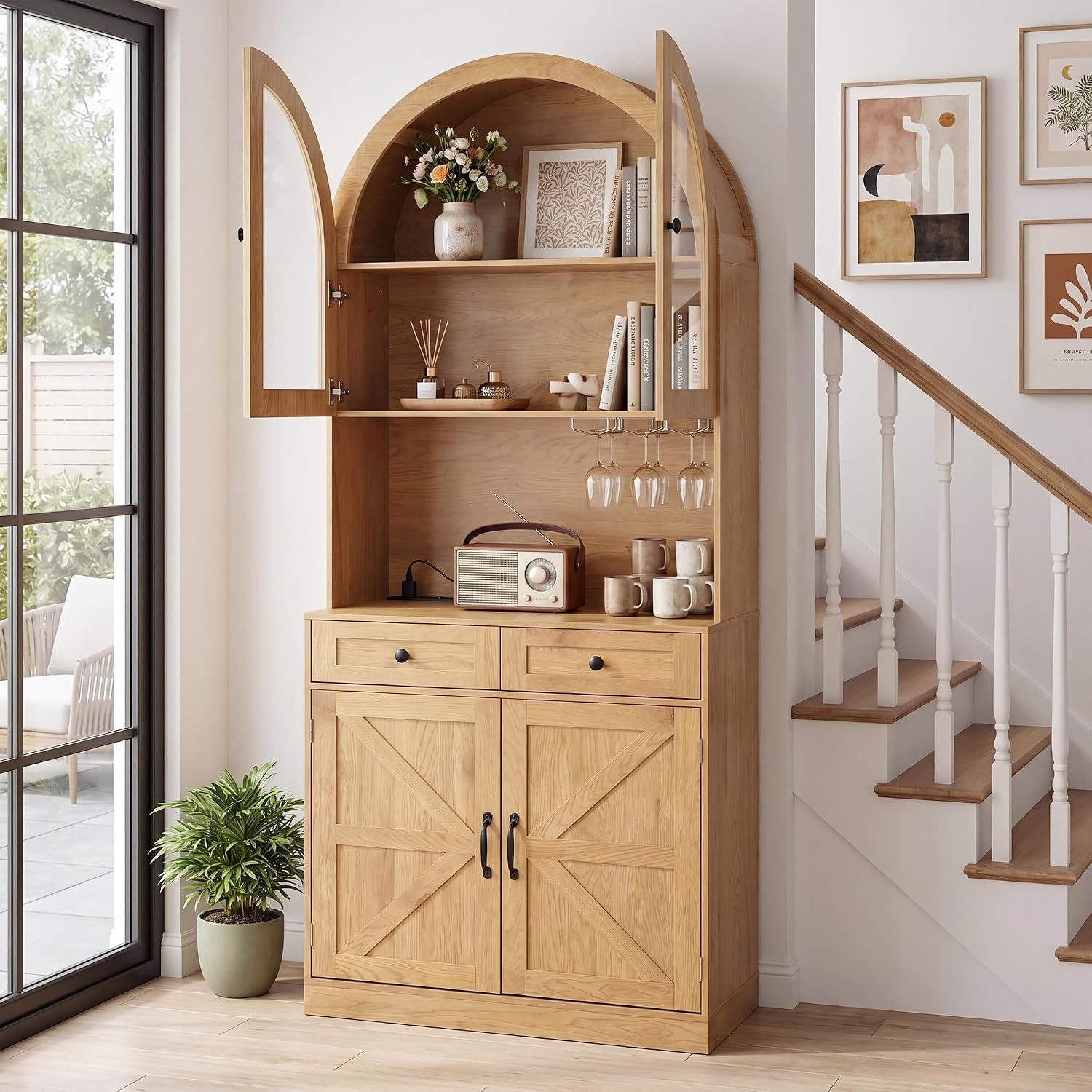Merax 75'' Farmhouse Arched Kitchen Pantry with Charging Station | Kitchen Hutch with Adjustable Shelves, Open Countertop & Glass Holders, Versatile Cupboard for Dining Room Living Room