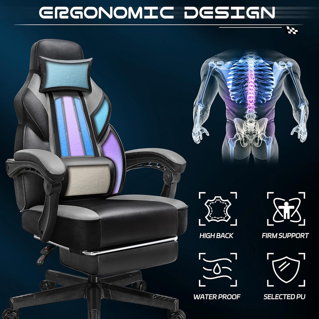 Gaming Chair for Adults, Grey Video Game Chair with Footrest, Big and Tall Gaming Chair Heavy Duty Computer Chair with Massage Lumbar, Ergonomic Adjustable Height and 360° Swivel, PU Leather, Grey