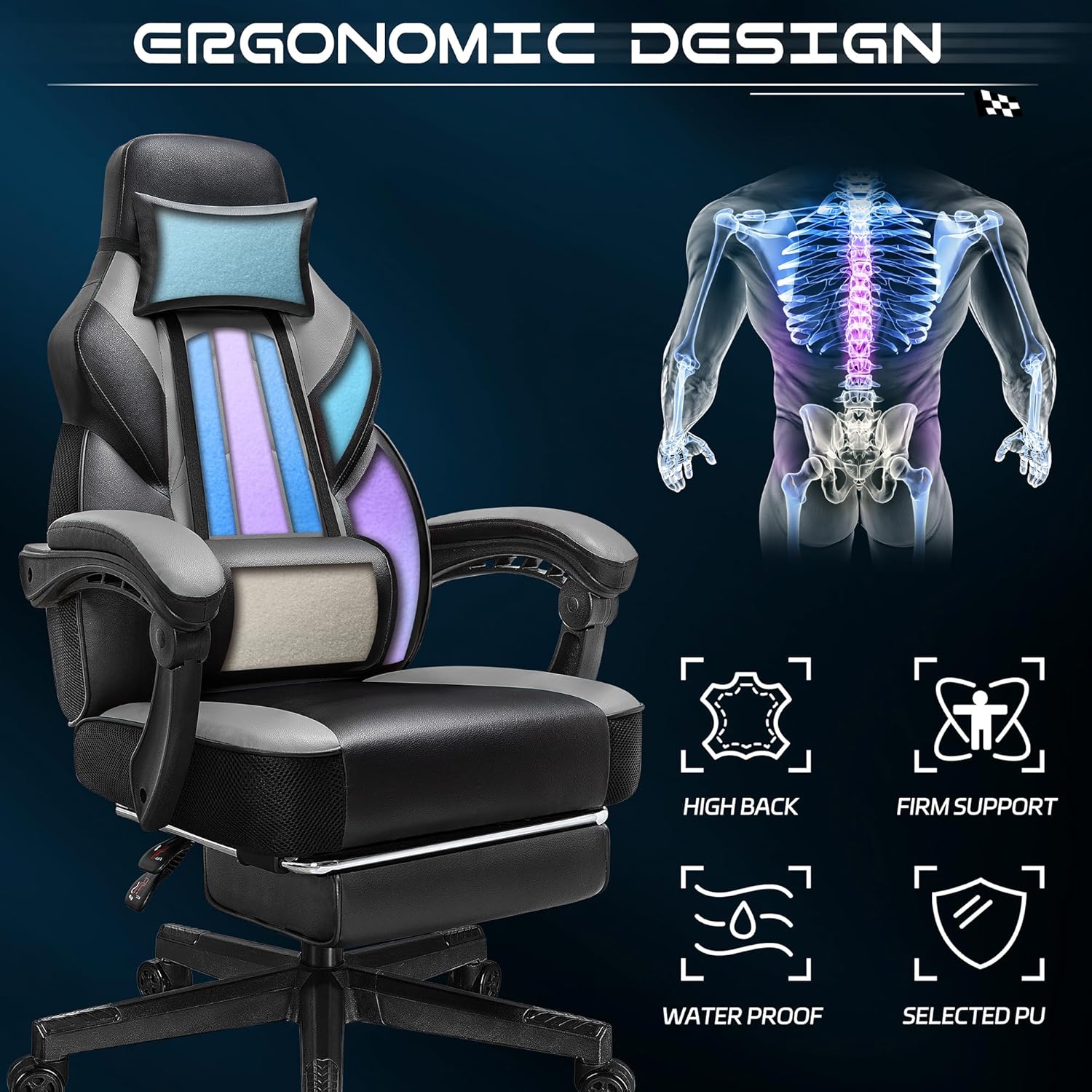 Gaming Chair for Adults, Grey Video Game Chair with Footrest, Big and Tall Gaming Chair Heavy Duty Computer Chair with Massage Lumbar, Ergonomic Adjustable Height and 360° Swivel, PU Leather, Grey
