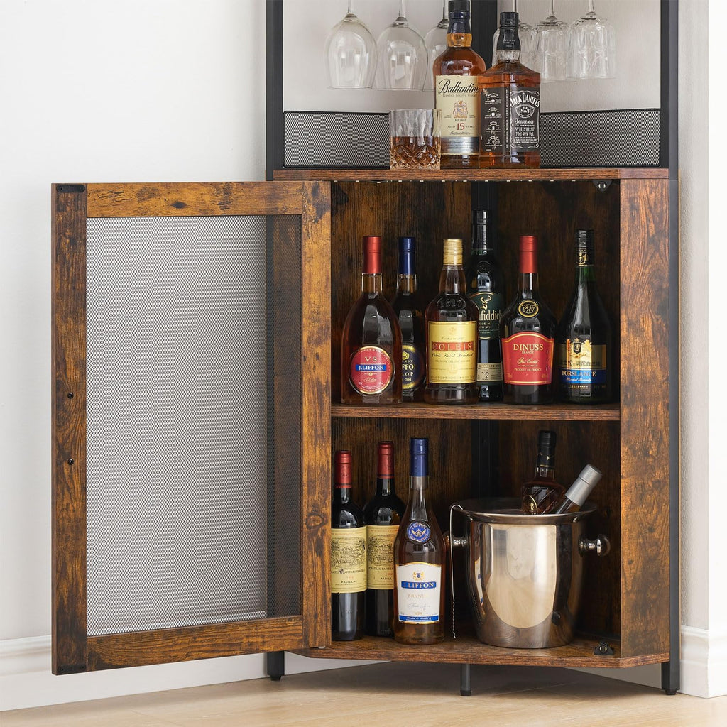 IDEALHOUSE Corner Wine Cabinet with Removable Wine Rack, Industrial Wine Cabinet with Glass Holder and Mesh Door, Liquor Coffe Bar Cabinet with Adjustable Shelves, Rustic Brown