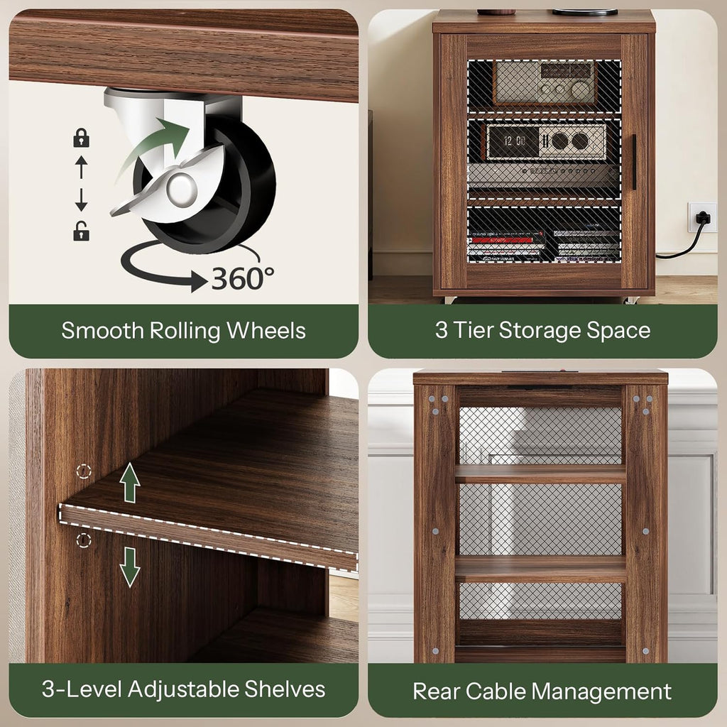 CHOEZON Media Cabinet with Charging Station, Stereo Cabinet with Wheels, Audio-Video Media Stand with Adjustable Shelves and Mesh Door, AV Rack for Living Room, Home Theater, Walnut MBZ23UHT
