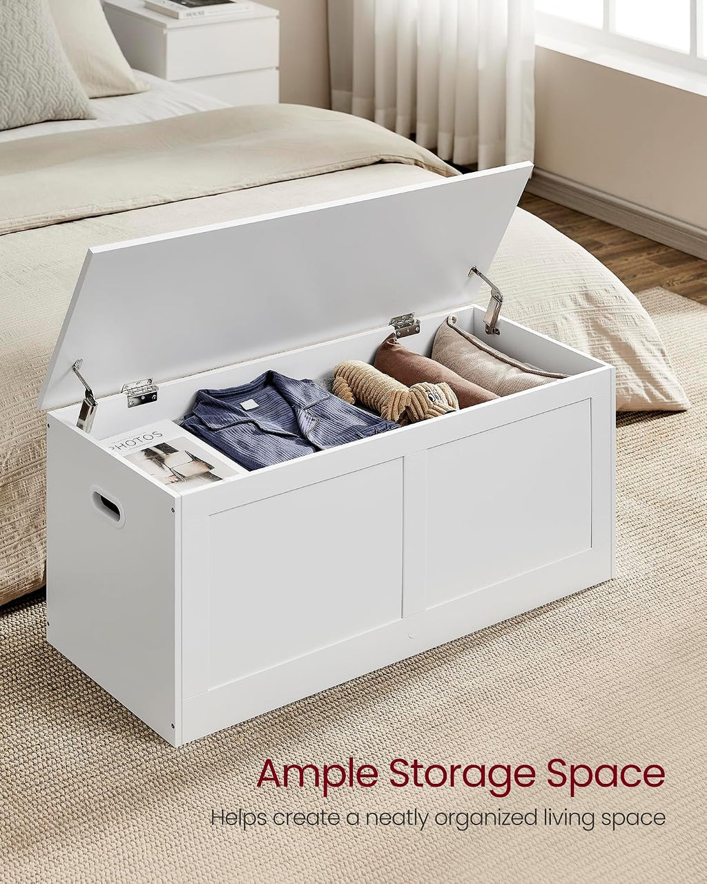 VASAGLE Storage Chest, Storage Trunk with 2 Safety Hinges, Storage Bench, Shoe Bench, Farmhouse Style, 15.7 x 39.4 x 18.3 Inches, for Entryway, Bedroom, Living Room, Cloud White ULSB164W01